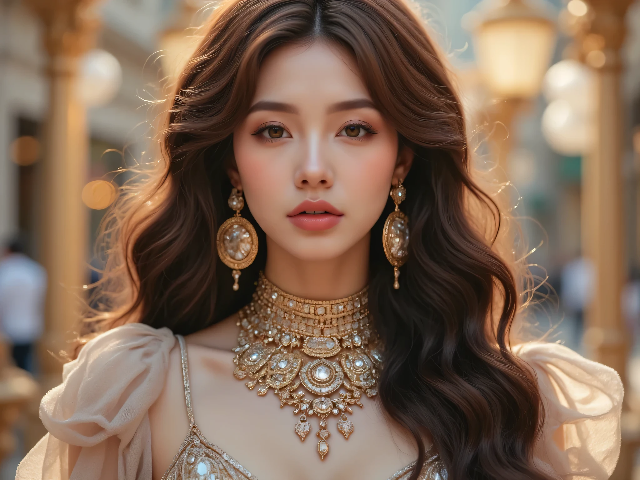 (perfect body, exquisite face, best quality: 1.2), Korean beauty model, diamond earrings, sexy and beautiful, long golden brown wavy curly hair, long flowing hair, wearing a futuristic haute couture dress full of metallic texture and soft tones, multi-layered draped diamond waist chain anklet, large round gold earrings, cute, beautiful, sexy fusion, chest, soft bokeh background, high resolution, super details, beautiful and artistic, perfect lighting, fashion-forward style, dreamy movie lighting atmosphere
