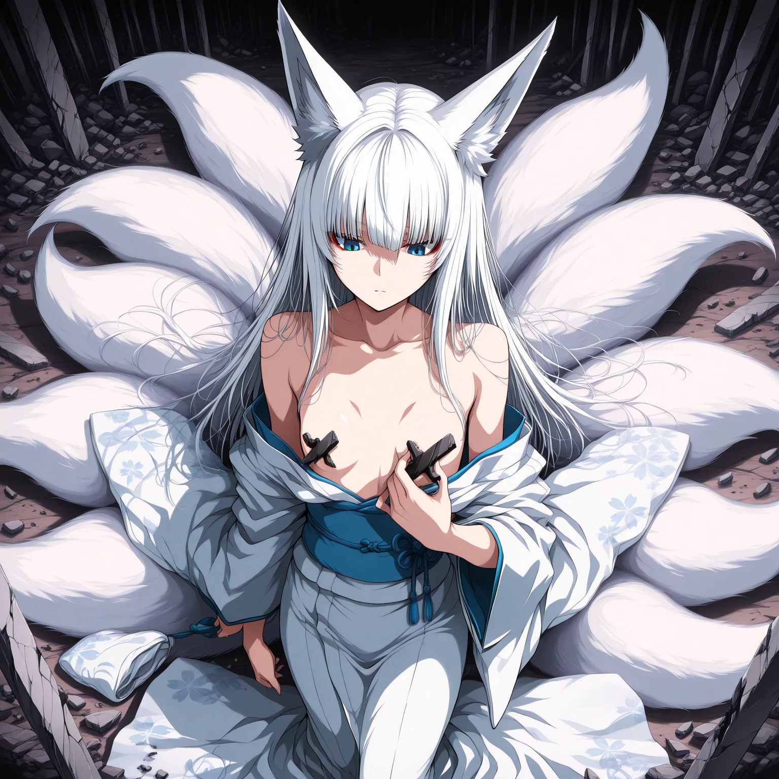 Photo of One girl 25 years, Kumiho:1.5, (elven princess:1.2), ((Nine fox tails)), sexy body, Dressed in a long sexual elegant dress, uncovered legs, in the forest