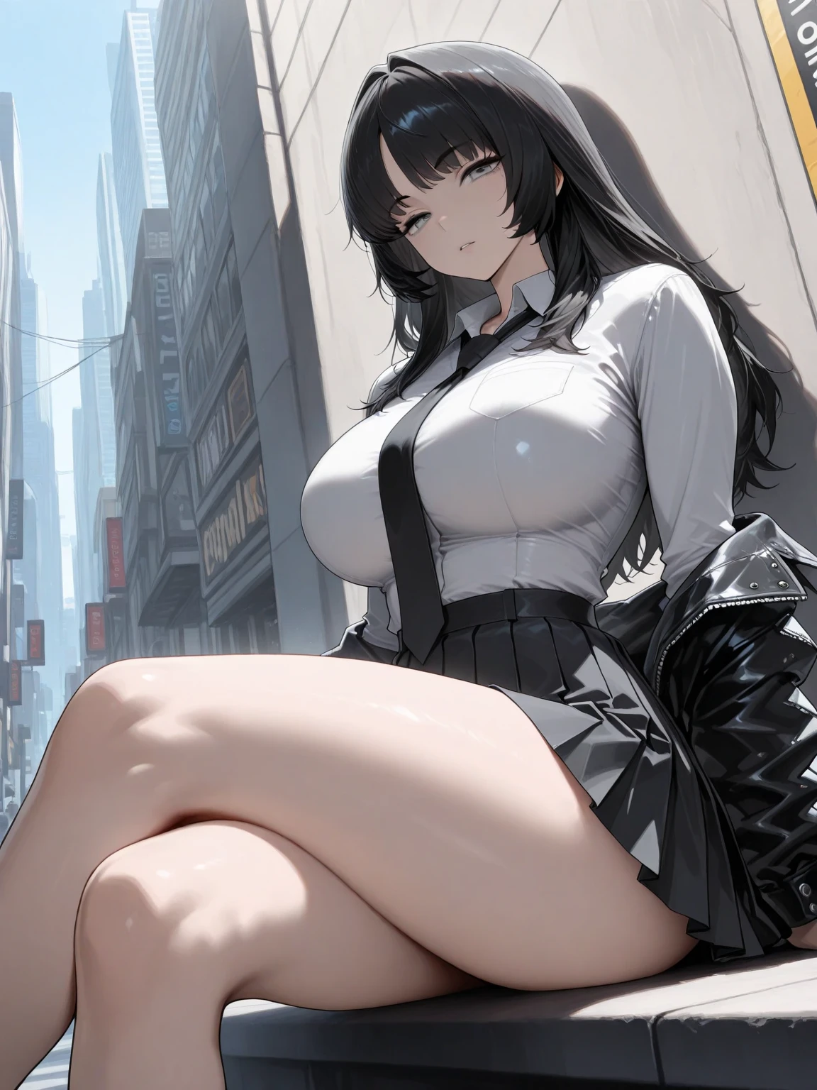 ((masterpiece, highest quality:1.3)),cowboy shot,25 year old beauty,solo,very small head,black hair,long hair,black eyes,blunt,skinny,medium breasts,long body,slender body,skinny,shiny skin,oily skin,sweat,shy,sad,,、Black tie、White long sleeve collared shirt、(Black tight mini skirt)、White panties、Wet crotch、Love juice、black_thighhighs、squatting,Shibuya Station、neon、at night、