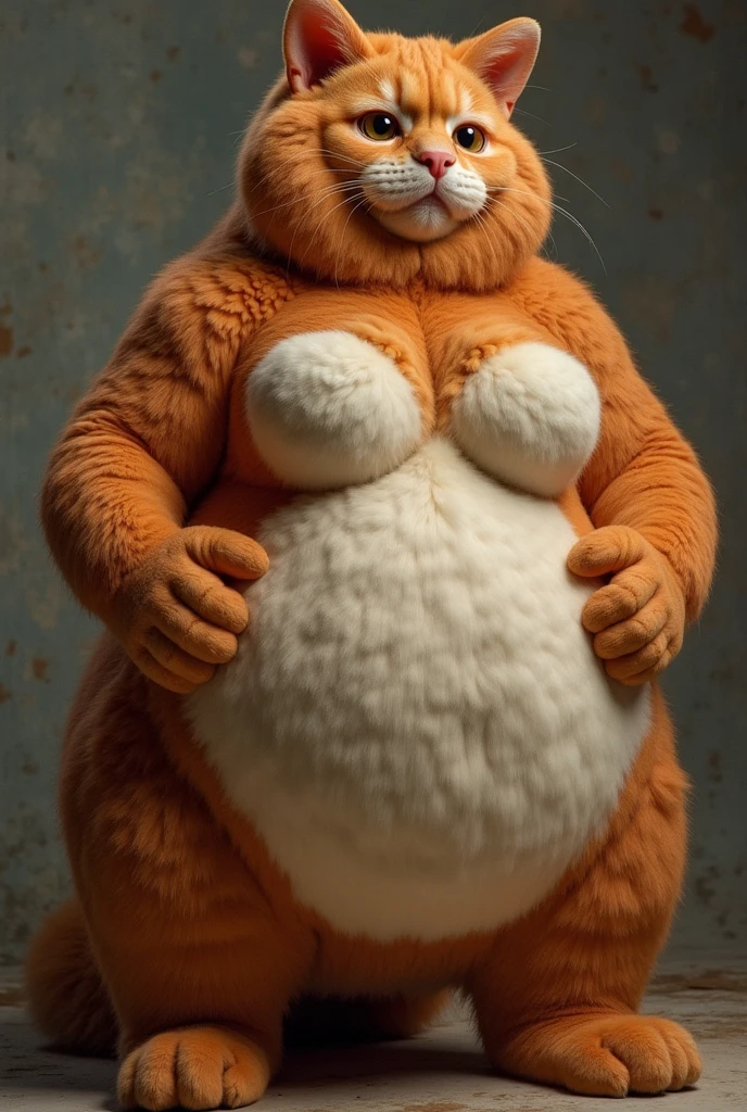 make a picture, realistic, of a cat, a fat, obese orange who is frustrated because he keeps eating junk food, the background of a dirty house and food wrappers everywhere, wide, fullbody, 8k super realistic