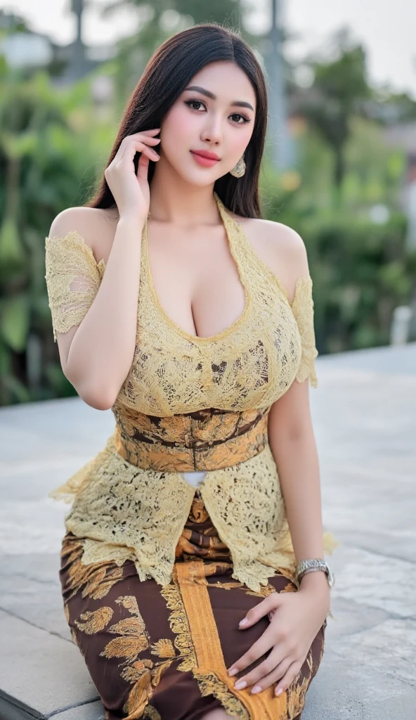 Masterpiece, malaysian girl, Indonesian Girl ,ultra realistic,32K,detail complicated, sharp focus, realistic, closed, black eye, jewellery, lips, realistic, looking for_at_viewer, Wet skin, shiny skin, short sleeve, Bali, Bali, cityscape, transparent standing pose,(( transparent kebaya)),sweet smile, beauty smile,perfect breasts, big breasts, whole body,tubuh busty,curved body,long hair,pretty face,Half body of woman in bright colorful dress posing for a perfect loop lighting photo shoot, bright colorful bra, income, posing in a bra, Beautiful woman, Cleavage, wavy underwear, angela white, astonishing beauty, wearing a bra, (latar belakang Modern City realistic sinematik di belakangnya), curved model, sexy push up bra, attractive girl, (((big breasts))), busty, dengan big breasts, attractive women, extraordinary beauty, (long thick wavy hair), (((big body shape))), ((Modern City)) , ((wearing a dress dress)), (dramatic lighting), (sharp focus), (complicated), fashion, tekstur kulit realistic, (( Perfect anatomy)), ((facial details:1.2)), ((facial details fitur)), (leather with fine details), masterpiece), (perfect proportion), (foto realistic), (best quality: 1,6), (detail), (Bright colour)