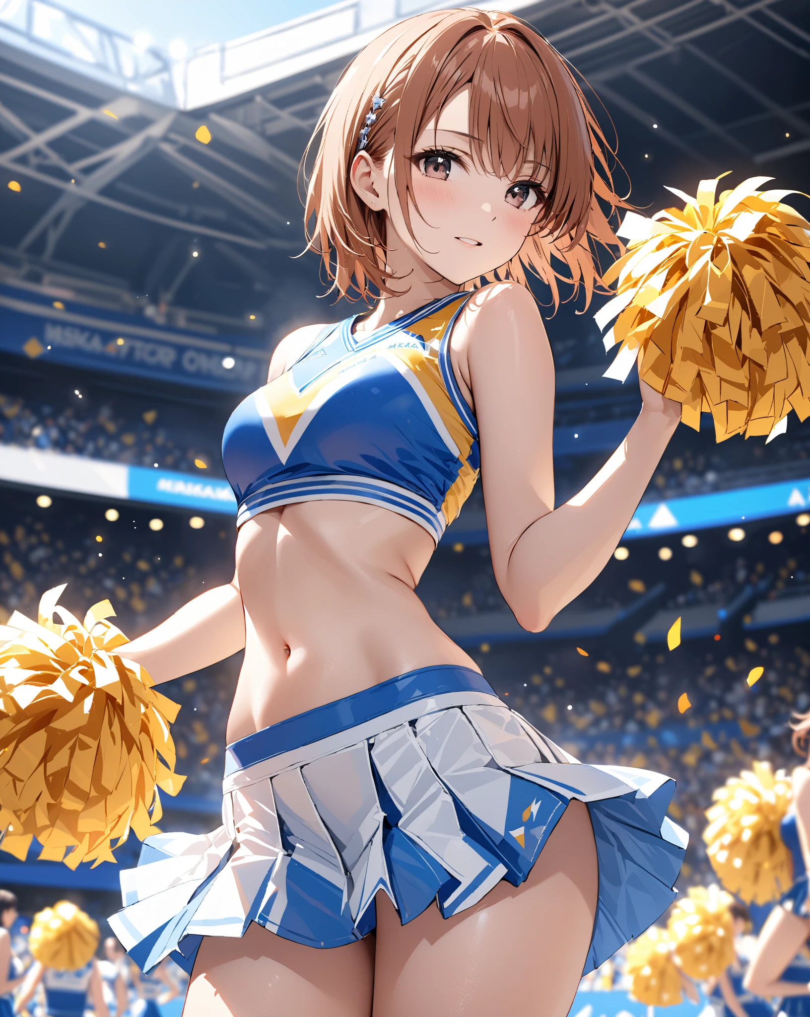 (highest quality:1.2), masterpiece, High resolution, perfect lighting, Lens flare, Cheerleader, jump, long hair, brunette hair, holding a pom pom, gush, Sleeveless with wide open chest, Brilliant, fine eyes, Underwear fully visible skirt that bounces energetically, break ((colorful confetti)), stadium, nice, C cup breasts, sparkling, effect、Underwear fully visible、sexy、smile、extraordinary smile、cute、