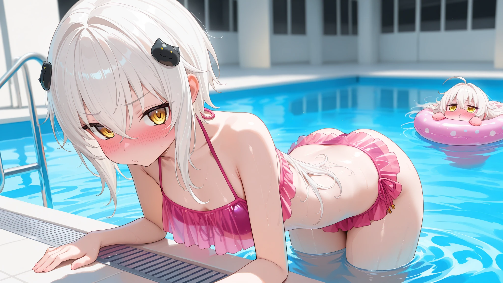 a very thin girl of 13 years old in a wet open shirt, Short thin swimming trunks, Thin, Red eyes, white hair with red tips