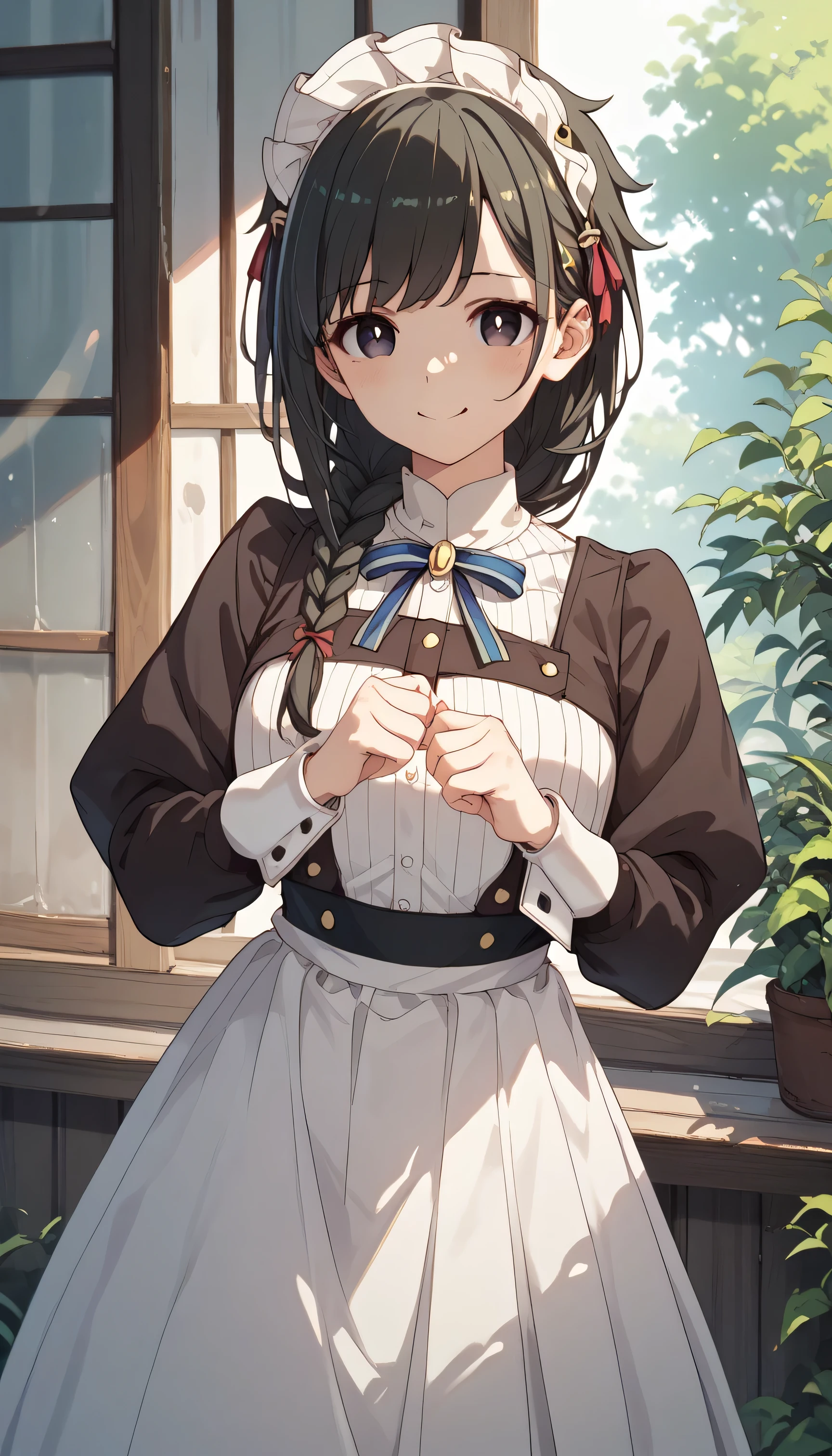 1 girl、yuki yokoya、Maid、long skirt getting banged by、 blue ribbon、uncensored、black eyes、bright pupils、single braid、hair over shoulder、swept bangs、is smiling、