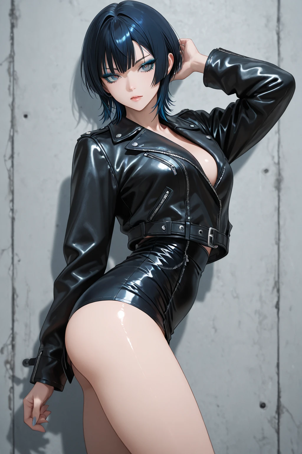 8K, Top Quality, Intricate Details, Ultra Detail, Ultra High Resolution, Masterpiece, close up shot, (full body: 1.1), Slender, Smile, (Makeup: 0.4), ((sexy pose,)), (Fluffy blue Eyes: 1.21), (()), 1girl, solo, 1 girl, ((blue hair, bangs, very long hair, )), close up shot, , ((tall)), (((fit body))), (((slim face))), sharp face, ((wind blow, strong wind, wind blow hair, wind blow jacket )) , (detailed face), sharp face, small lips, perfect hands, (()) ((skin tight jacket long jacket, black jacket, overcoat,)), , (()),, detailed face, detailed breast,, huge breast , ((detailed nipples)), detail ass, Narrow Waist, Skinny, tall , 175 cm tall, Muscular, Navel, Exposed Abdomen, Pointed Chest,, Beautiful girl with accentuated slender abs: 1.4, Six Pack Abs: 1.4, Bust Botox, Big, Perfect Body, detail leg, (( dark background)), black background,