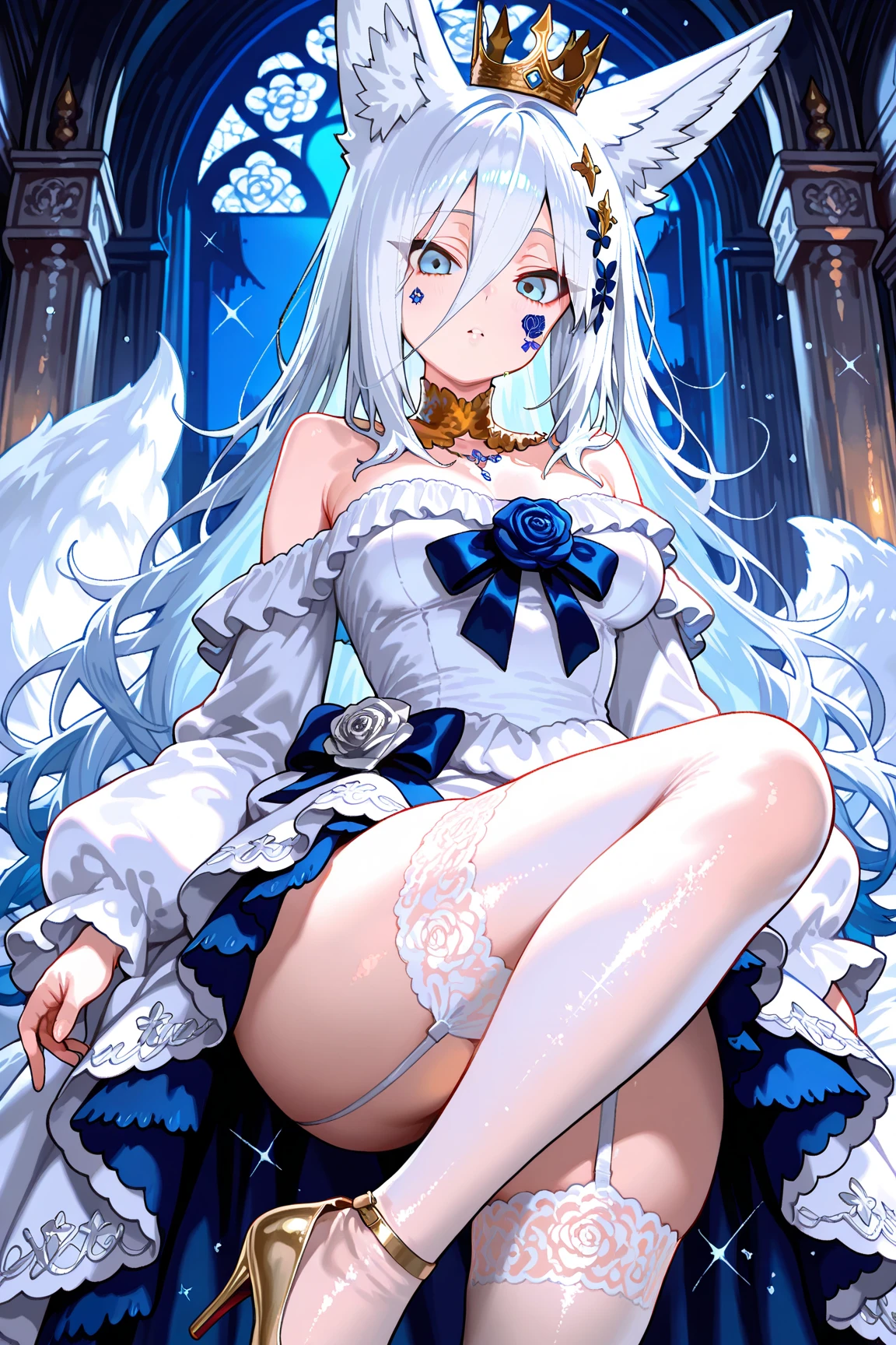 (masterpiece, Highest quality:1.3), (超detailed:1.2), (hyperRealistic:1.3), (RAW Photos:1.2), High-definition RAW color photos, Professional photos, (PhotoRealistic:1.4), (Realistic:1.4), Professional Lighting, Perfect Anatomy, (Big Breasts:1.1), (blush, detailedな顔), (smile:1.5), Flat lighting,elevation,sexy,A beautiful woman with supple curves,((Highest quality)), ((masterpiece)), (detailed),sexy,A beautiful woman with supple curves,((Highest quality)), ((masterpiece)), (detailed), One girl,Silver Hair,Long Hair,Dark Skin,Wearing a light blue sleeveless dress,Wear light blue high heels,Spread your legs,Crouching pose,sit,Starry Sky,cloud,20Old woman,Look away,Light blue garter belt on leg,Wearing lace light blue knee-high socks,Fox ears,Underwear is light blue,Light blue socks