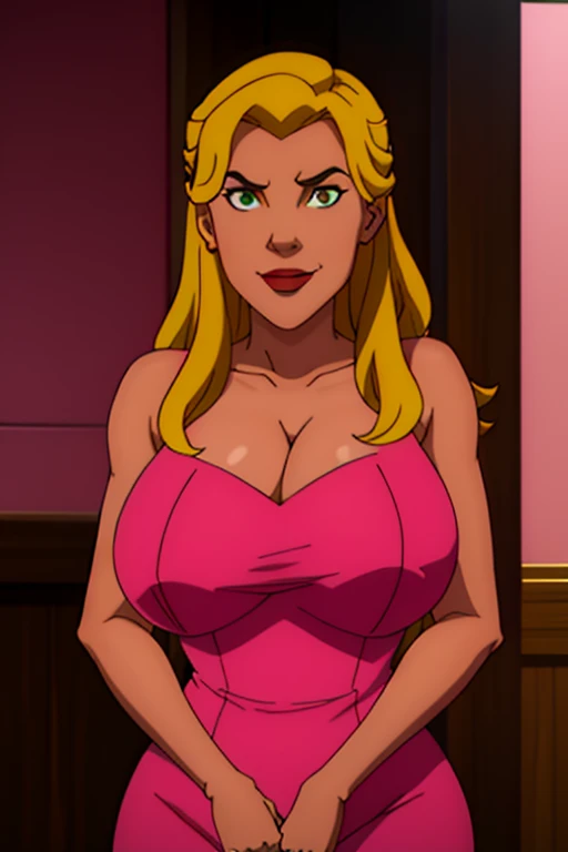 Damian Wayne(aka Robin/Son-of-Batman) transformed into a female blonde bimbo with gigantic breasts with erect nipples and thick lips and dressed in a pink party dress.