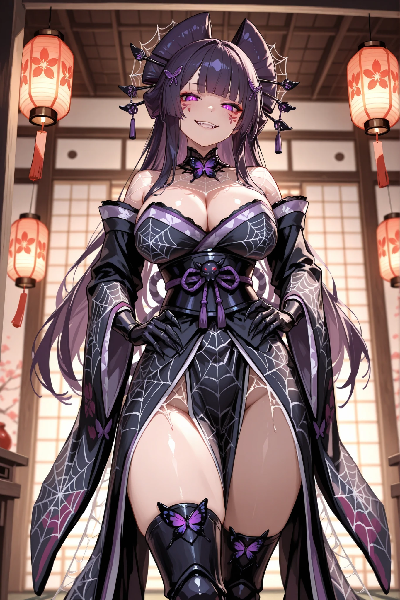 black hair, violet colored dress, violet eyes, gigantic breasts, cleavage, bare legs, smiling