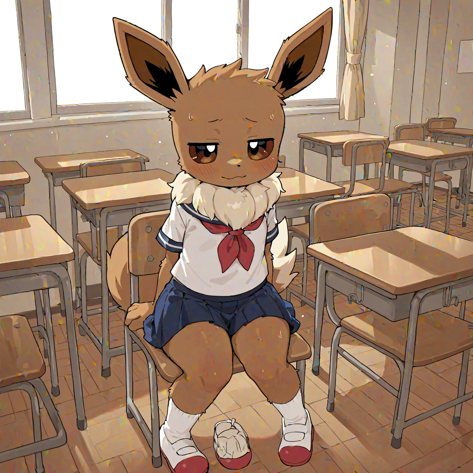 alone, score_9,score_8_up,score_7_up, anthro female jolteon, school uniform, white panties, standing, lifting skirt, classroom.