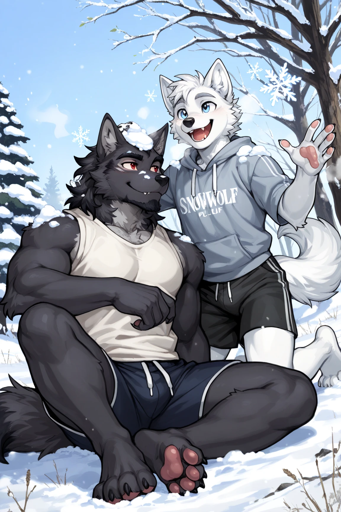 by zackary911, by honovy, by darkgem, by roanoak, by sssnowby, masterpiece, detailed, detailed face, foxes, snow foxes, white foxes, white fur, detailed fur, snow, snowing, trees, 2 male, chest tuft, neck tuft, abs, pecs, lean, slim, winter, hug, hugging, big penis, canine penis, veiny penis, precum, red penis, big balls, saggy balls, ball tuft, pubes, white only, fluffy tail, white hair, facing each other, gay, smile, frotting, open mouth, penis size difference, size difference