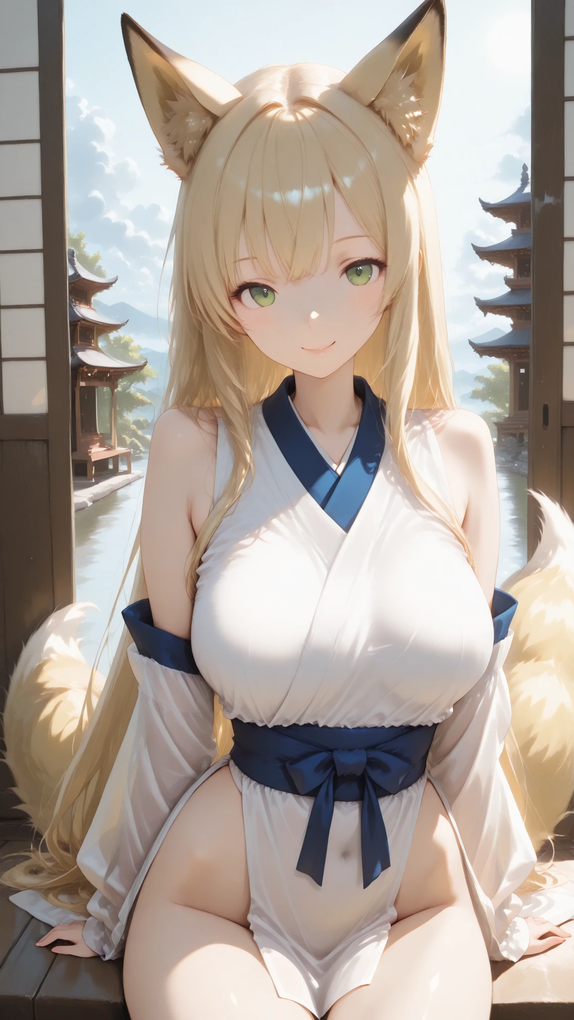 ((close-up face)), ((face)), ((beautiful eyes)), ((masterpiece:1.3)), best quality, ultra-detailed, ((illustration)), 1girl, solo, ((ru_qun, ruqun original_outfit, clear details, kimono)), daytime, cute, mature, ponytail, ((fox girl, fox ears, fox tail, kitsune:1.2)), ((blonde hair, hair bell: 1.1)), ((green eyes)), comfortable, relaxed, confident, satisfied, emotionless, natural light, shadow, contrast, texture, detail, realism, impressionistic, expressionistic, innovative, experimental, unique, warmth, coziness, intimacy, personal space, privacy, relaxation, ease, contentment, pleasure, self-expression, individuality, fashion, style, aesthetics, beauty, sensuality, flirtatious, provocative, innocent, vibrancy, joy, emotion, creativity, imagination, artistry, composition, balance, harmony, rhythm, color, light, shadow, reflection, refraction, tone, contrast, foreground, middle ground, background, naturalistic, figurative, representational
