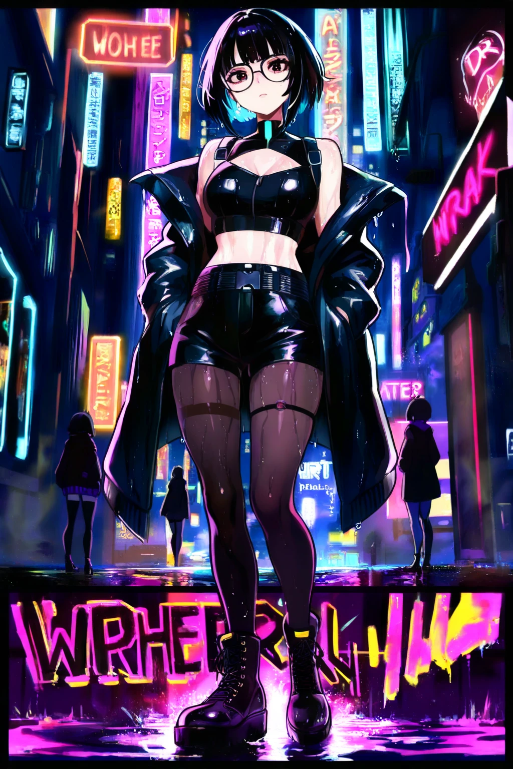 (Hinata Hyuga, Very sensual, In tight clothes, Big Ass, Thick legs, leather jacket, Laser Shorts,lingerie, Navel comes out, Long Hair, Rear speakers, Very realistic, View of the Cyberpunk City, Clearly defined lines, Neon Lights Very Sexy, 8k, 8k Very detailed), (Very delicate and beautiful), (masterpiece), (Better Quality: 1.0), (Ultra-high resolution:1.0), ((Synthwave Background Theme)), turn around