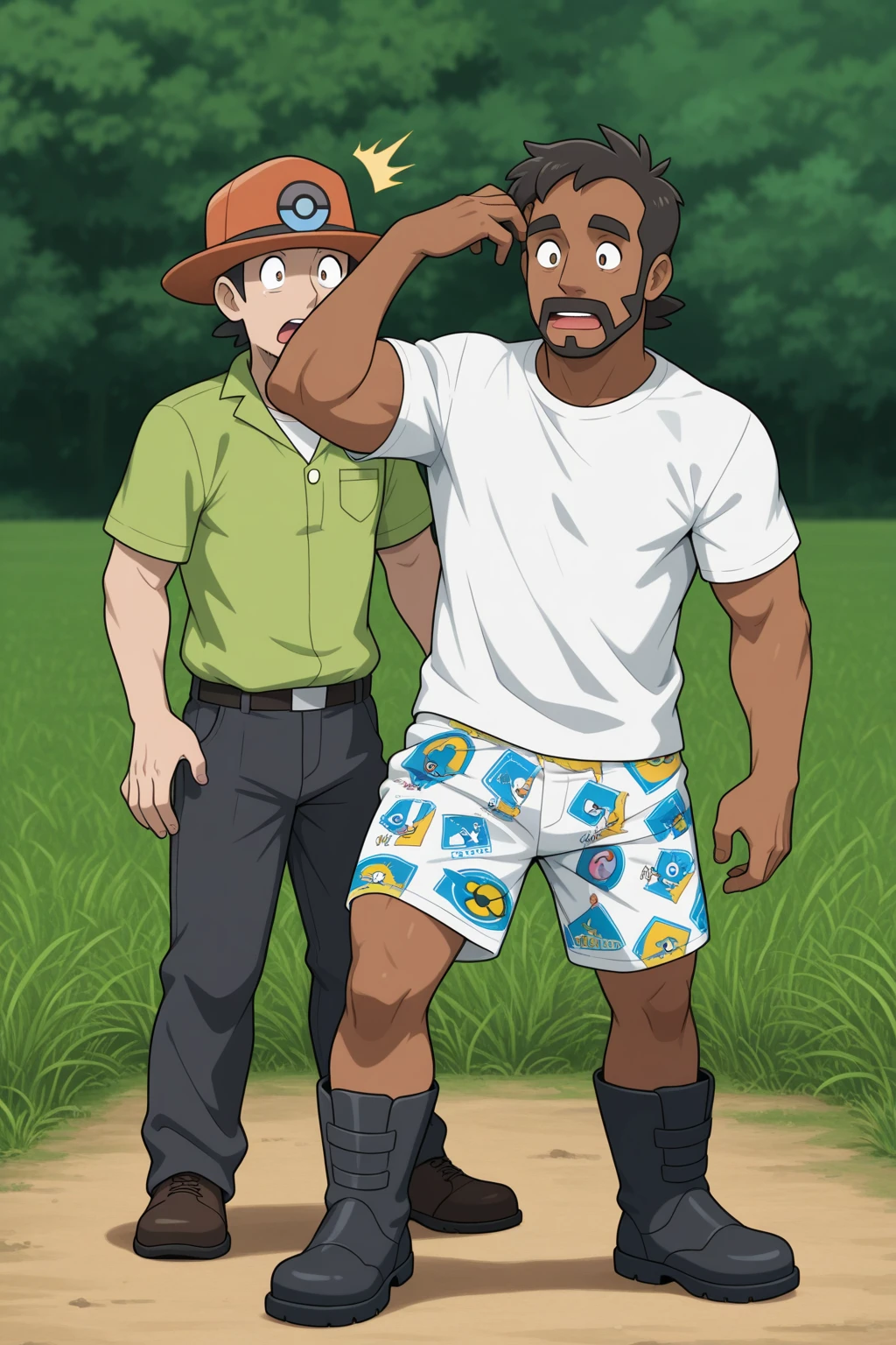 Five boys are wearing a beret and a triangular scarf around their necks. They are also wearing a scout sash. They are wearing only very short underwear that shows a little of their ass and hiking boots. In front of them is a big muscular man wearing only a very short thong that shows a lot. He is also wearing a beret and holding a clipboard and a pen. He is wearing boots. They are in a very beautiful forest and on the right side there is a huge wooden sign that says Welcome to gay sex camp. Here your children will lose their virginity. And have lots of fun. The image has to be in anime yaoi shota hot.
