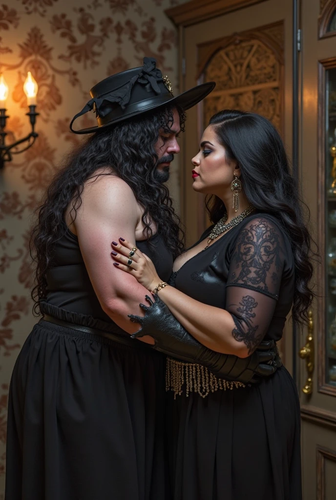 Create This image is a highly stylized and vivid portrait of a couple. Resembling (morticia and Gomez Addams) The plus size woman has  big plump breasts, a full, black hair adorned with a colorful crown of flowers and a few small butterflies. She wears a dark, glittering dress with lace details that reveal the shoulders. Her makeup is dramatic, highlighting her eyes and lips. The (man) has a neat, dark mustache and is wearing a dark, fitted suit with similar glittering details on the lapel, mirroring the style of the woman's dress.

They are embracing closely, with the man's arm around the woman. Both are gazing directly at the viewer with a serious expression. The background is filled with a burst of colors: a gradient sky with a soft-focus rainbow, pink flowers blooming, and multiple butterflies in shades of orange and pink. Floating near them is a single, stylized heart, adding to the romantic and fantastical theme of the portrait.