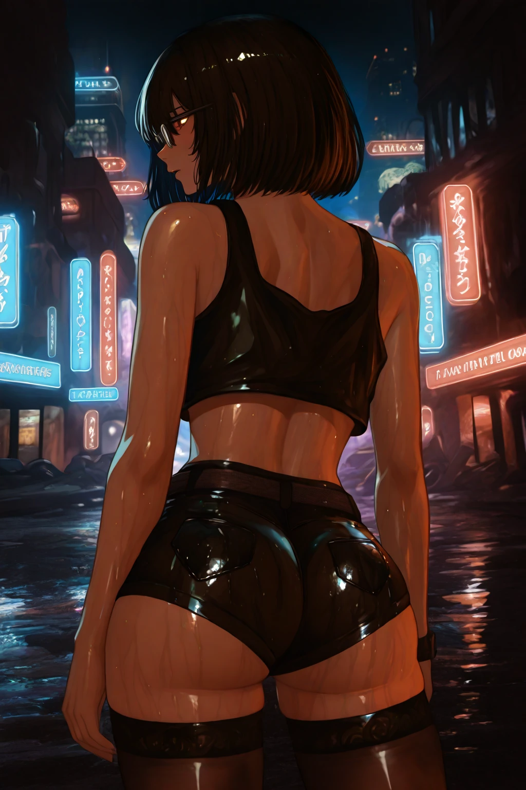 Close up image of 1 subjects, 1girl with black colored hair, light pale skin, freckles, sweaty, naked, small breasts, bruised, blood, bare feet, bare butt, scratches all over body, (head and shoulders portrait) (woman looks scared), frightened, down a dirty city alley, futuristic city at (night:1.4), blue and yellow neon signs, chase scene, action scene, thick outlines, comic book style, dynamic camera angle, realistic skin, realistic hands, perfect hands, action lines, motion blur background