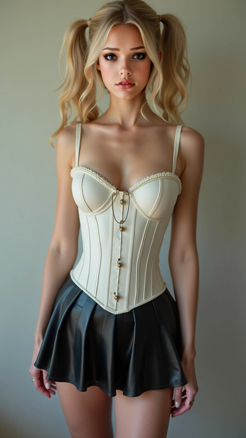 beautiful girl, brown eyes, beautiful 18 year old girl, Brown highlights hair, undercut pixie hair, short hair, lips, realistic, narrow waist, charming, pink lipstick, colorful makeup, long eyelashes, fair skin, (cute), (detailed face), detailed eyes, detailed iris, (large breasts:1.2), (corset, white top, microskirt), ((cowboy shot))