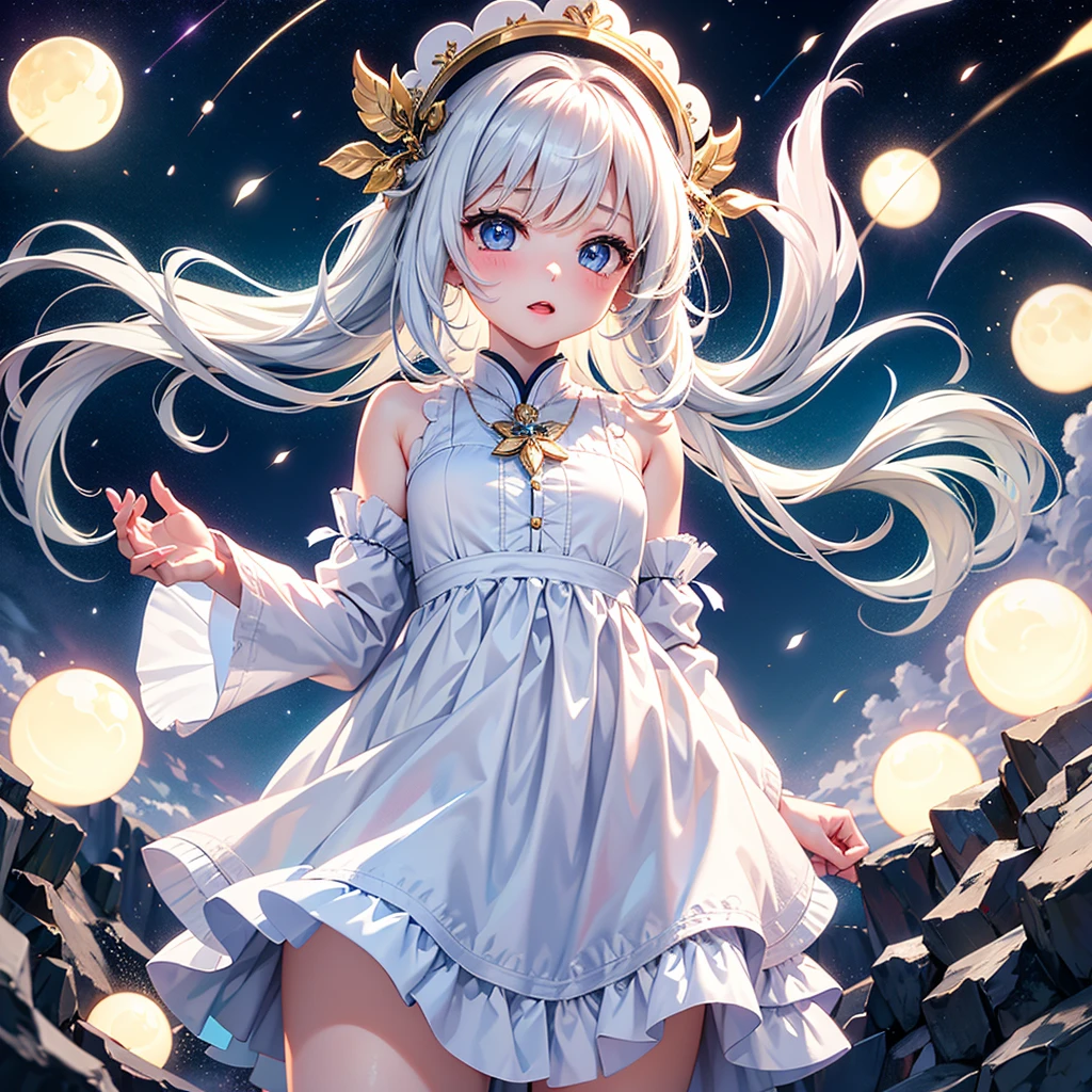 The upper part of the body、女の子1人、Silvery hair、Bun hair、Large breasts、mansion、Purple Eye、Idol Uniform、bow ribbon、magical little girl、 knifes、、flute、Japan anime-style odd eye spell, I see the moon