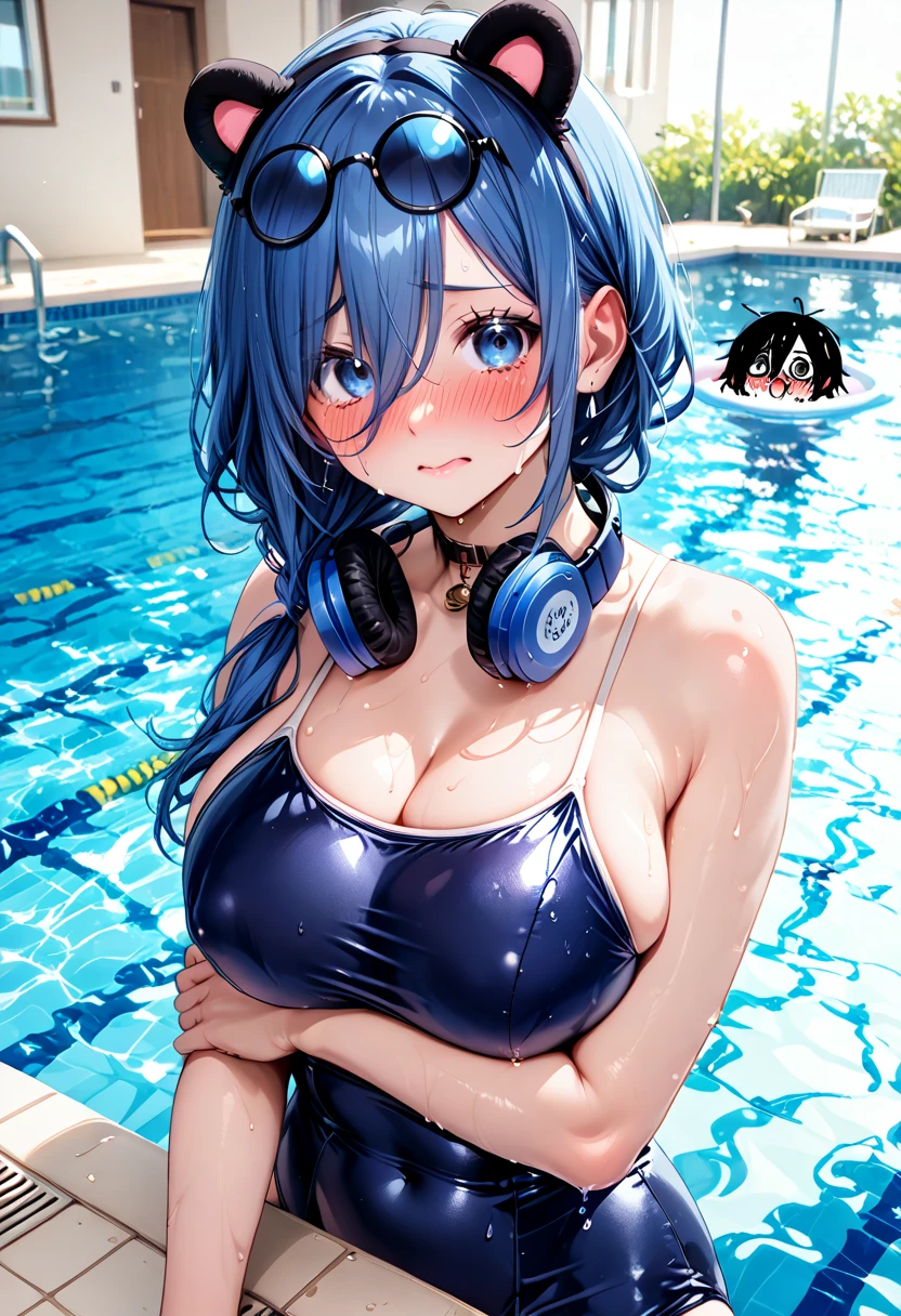 (melhor qualidade, obra-prima), 1girl, (black skin), (loira), tight blue swimsuit, Headset on neck, emphasis on breasts,