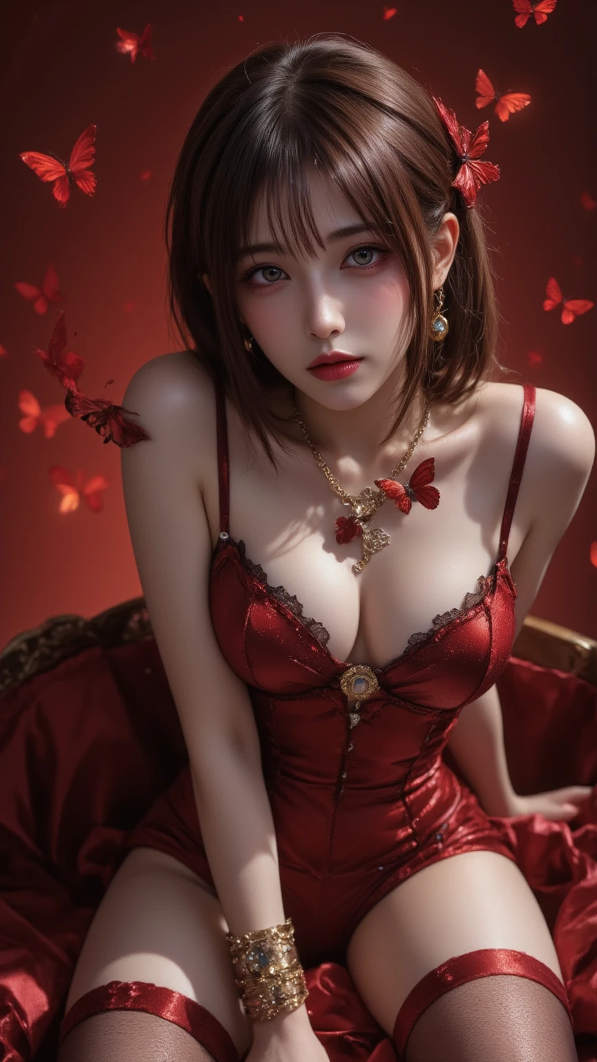 (Masterpiece, absurderes, Highly detailed:1.3), dream-state, Digital painting beauty, (Sitting, mature, Slim, Slender,) view the viewer, (Masterpiece), (Best quality:1.2), absurderes, Intricate details, skin indentation, cleavage, Huge breasts, (Highly detailed skin:1.2), (author:Alphonse Mucha Echo Chernik Megan Laura Cho Bingqiang), Sharp focus, Soft and colorful, Centered, symetry, picure, Intricate, voluminetric lighting, Beautiful, rich deep color, Ultra detailed, Digital painting, Mysterious magic, Focused, lush colors, Canon Eos 5d Mark IV and Fujifilm Superia X-TRA 400 film, (Extremely detailed oil painting:1.2), Glow effects, godrays, handpainted, Renders, 8K, rendering by octane, 4 d cinema, blender, Dark, Ultra-refined atmospheric 4K, cinematic sensual, Sharp focus, humorous illustration, great depth of field, Masterpiece, colours, 3d octane render, 4K, concept-art, trending on artstationh, Hyperrealistic, Vivid colors, Extremely detailed CG unified 8K wallpapers, trending on artstationh, trending on CGSociety, Intricate, High detail, Dramatic,1girll,Clay photography,(red transparent underwear),Red stockings,(Red transparent thong panties),pantyless,(((Camel toes))),Bulging ,(((leg loops))),Neck ring,((Wearing a watch,choker necklace)),Sit with your knees folded,(full bodyesbian:1.5