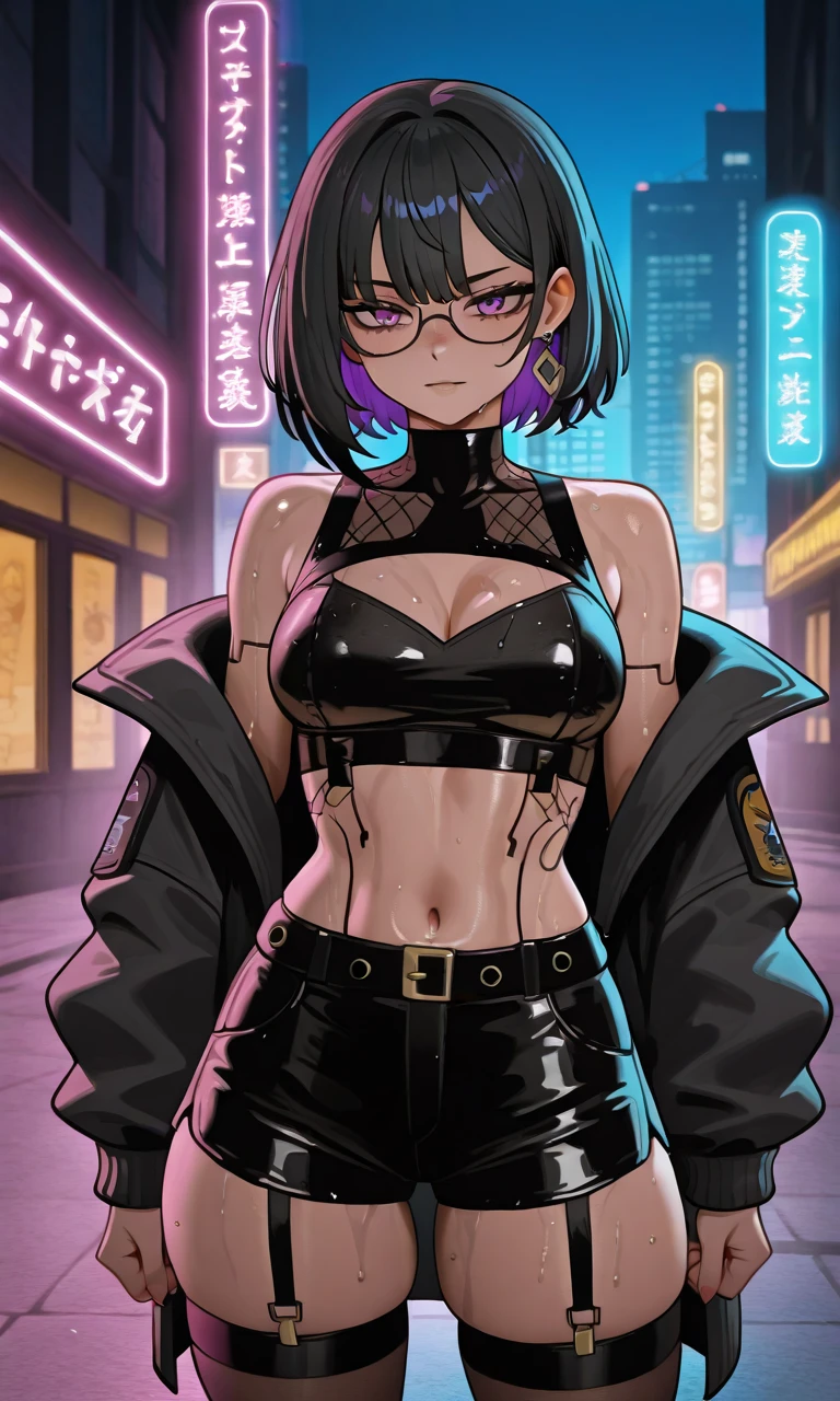 Beautiful young teenager, 1girl, purple hair, blue eyes, extremely short hair, freckles on face, framed eyeglasses, heart shaped choker, goth makeup, black lipstick, black eyeliner, happy, smiling, blushing, thick lips, full lips, huge breasts, extreme cleavage, deep cleavage, very thin body, baggy goth clothes, black torn tank top, midriff, baggy goth pants, perfect anatomy, dark warehouss background, detailed background, ultra-detailed, 4k, 8k, best quality, masterpiece