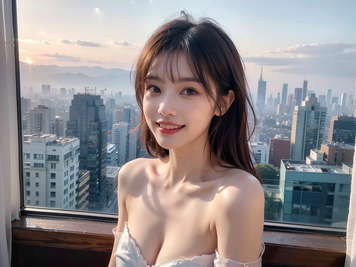 top-quality,fullbody shot,,super high resolution,(Realistic:1.4),Raw photography,
(highest quality,masterpiece:1.3,Ultra-high resolution),(Very detailed,Caustics,8k),(Realistic:1.4,RAW shooting),Japanese,16 years old,cute,Are standing,(smile),(Looking into the camera),Black hair medium hair,Big Breasts,White blouse,Knee-length skirt,Strong winds,Hair blowing in the wind,rooftop,Backlight,sunset,sunset sky,(Bust up shot),(Face Focus),(Face close-up),Low position,Low Angle,Natural light big eyes