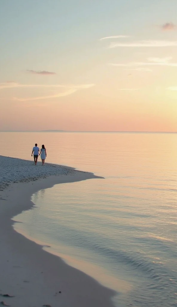two people walking on the beach at dusk, better definition, 4k, potorealist