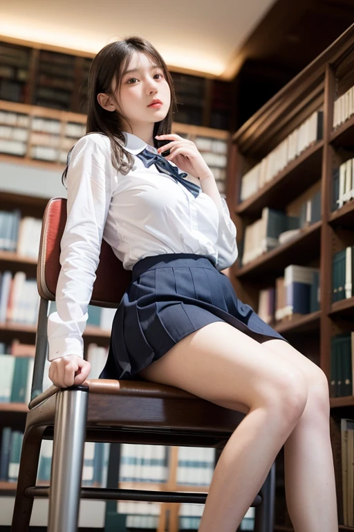 20 year old woman, (high top faded: 1.3), (low(low)), (soft focus), HD, masterpiece, HD, HD, 4K, 超HD, Very realistic shadows, Surreal, dramatic lighting, a girl, alone, Detailed face, lifelike眼睛, lifelike皮肤, dynamic hair, dynamic poses, dynamic angle, (White shirt), (dark blue bow tie) , (((Dark blue long skirt)))), ((White hem socks))), library background, (original photo: 1.2), (lifelike: 1.4), beautiful and delicate woman, Extremely detailed eyes and face, beautiful and delicate eyes, File size huge, 一个Very detailed的, high resolution, Very detailed, best quality, (bright interior), (soft light), (low对比度), ( See deeply), (Portrait of a beautiful woman illuminated by soft light), (Very delicate and elegant depiction), (short bangs), (Head color dark chestnut,Slightly brownish), (Subtle and silky waves), (long hair两侧错综复杂地编织小辫子), ((White hem socks))), illustration, Very detailed, BAPV, unity, 8k wallpaper, amazing, Exquisite details, best quality, Highly detailed integrated 8K wallpapers so far this year, Coordinating Minister, movie light, 1 girl, 25 years old, (((No)), (camel toe), (half), (Sit on bent knees and legs)), long hair, dark theme, soothing tone, pastel colors, high contrast, (natural skin texture, Surreal, soft light, No耐烦), Capturing the serene beauty of a young woman immersed in the peaceful atmosphere of a library.. Soft diffused light gently illuminates her features., It emphasizes her sophisticated look and creates a calm atmosphere. Library shelves filled with books,Provide background on knowledge and wisdom. It focuses on capturing models'Natural charm and elegance, Stay calm and considerate the essence of the moment. Cute 21 year old Japanese gravure model,Soft body, gray brown wavy hair, Decorate with ribbon, charming appearance. She wears a frilly white blouse, Blue ruffled skirt and white ruffled socks. sitting on bed, She hugged her knees,Staring at the camera, Exudes melancholy charm. Create scenes where beauty and ephemerality intertwine, National Science Foundation