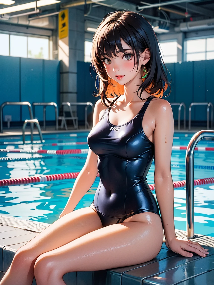(4K,masterpiece,Highest quality,Super detailed),Low - Angle,From below,Cowboy Shot,(At the school pool),(All pages of (A Japanese woman)),(15 years old):1.2,Medium Hair,Brown Hair,(Beautiful face in every detail),A light smile,shy,Slender body,(Detailed skin,Beautiful attention to detail),Mid-chest,Beautiful Hips,(Wet Blue Compression One Piece Full Back Swimsuit),Zoom in on the crotch,(Spread your legs,squat):1.2,Showing nipples:2.0、She rolls up her swimsuit to show her pussy