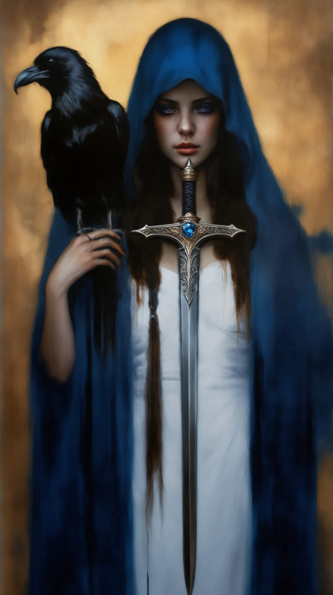 (best quality,4k,8k,highres,masterpiece:1.2),ultra-detailed,(realistic,photorealistic,photo-realistic:1.37),oil painting,colorful,brush strokes,dramatic lighting,horror,skull man warrior,aged paper,aesthetic,dripping ink,gritty texture,dark and moody atmosphere,detailed facial features,expressionless face,intense gaze,weathered armor,worn out sword,ancient runes,crow feathers,ominous background,grim reaper vibes,haunting,creepy,macabre,vintage style,anime - style image of a woman dressed in a white and blue outfit, knights of zodiac girl, portrait knights of zodiac girl, high priestess, anime goddess, ((a beautiful fantasy empress)), nostalgic, heart aches due to lost memory, sadness but happiness in reliving memory