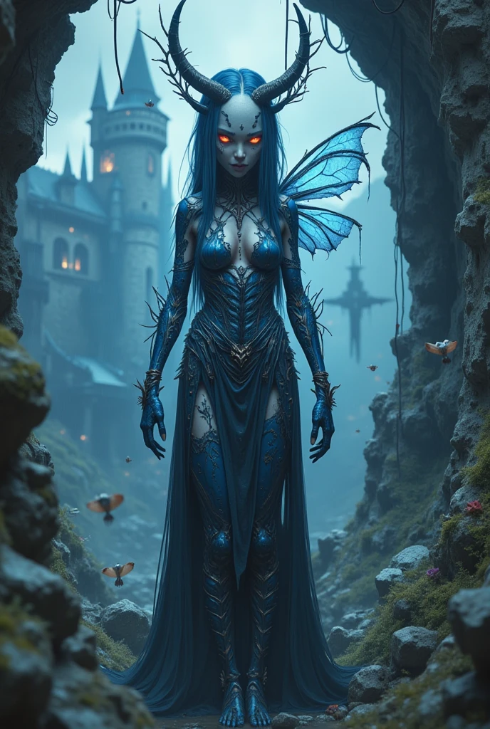 white dragon plant girl,(1个 girl with giant breasts:1.1),Girl made from dead blue trees,outdoors in the forest,in the autumn,