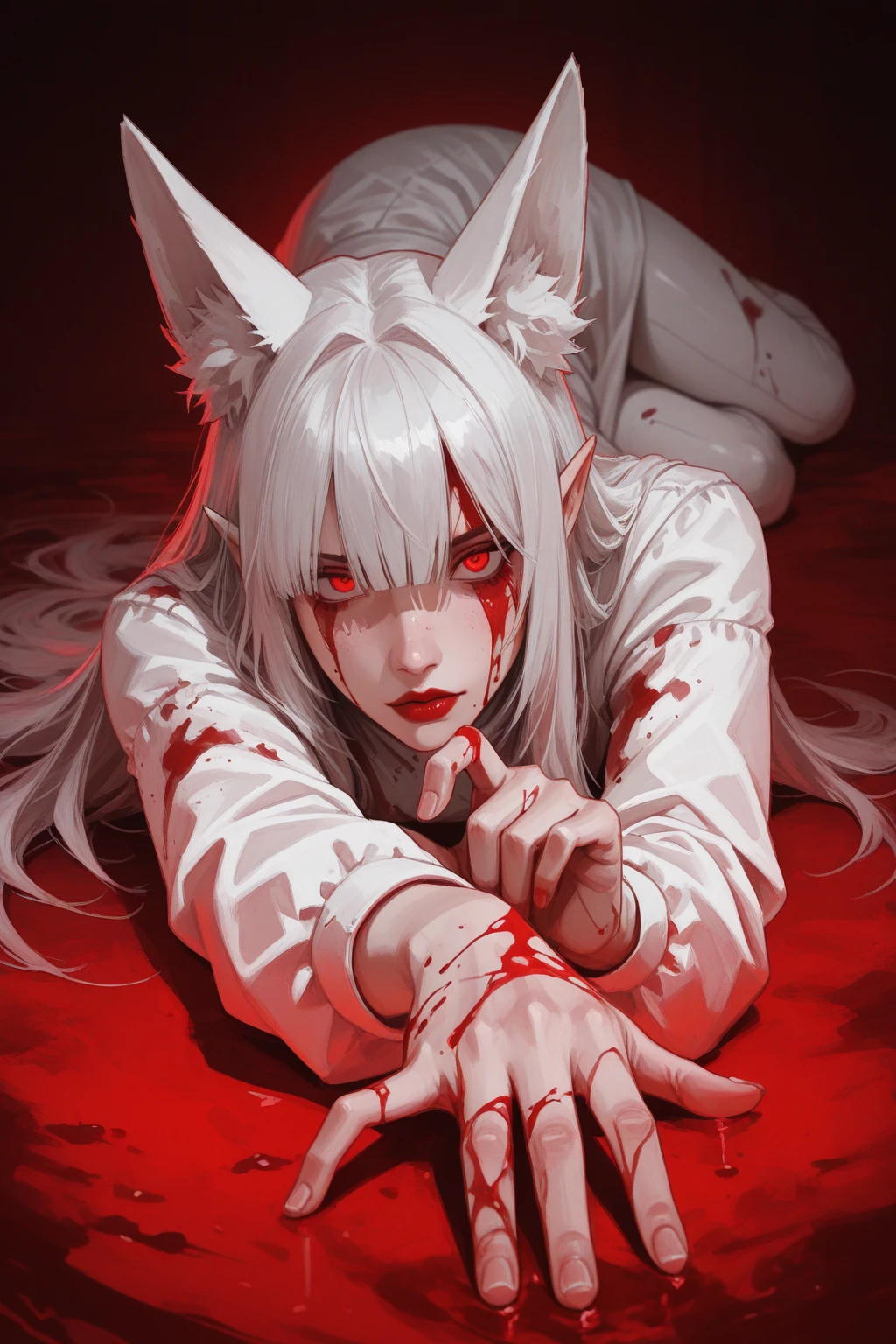 Solo, score_9,score_8_up,score_7_up, source_cartoon, source_furry, Kat, Anthro furry feline girl, tall body, hourglass figure, adult female, blue eyes, :3, snout, pink nose, silver furry body, grey tabby cat stripes, long blonde hair, naked, lying in a pool of blood, blood everywhere, on her back, limp body, sad expression, soulless eyes, full body shot