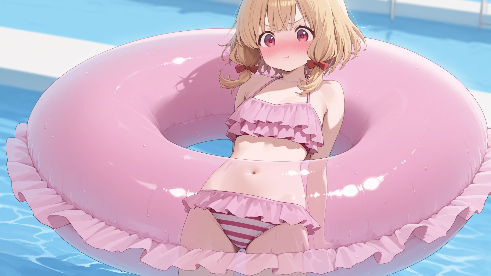 ((Table t○p, highest quality, Hi-Res Lucifer,Anime Screen Capture、Perfect Pixel, 4K))、Perfect Anatomy、(((Small breasts、Swollen nipples、Wide Hips、Wide ass、Thick thighs)))、Sweat, (((Light Blue Striped Bikini))),(Orange eyes)、((Short Hair、Wavy Hair、Ahoge))、((Pink Hair)), ((((blush、Embarrassing、:o、Are crying))))、(In a dark prison)、((Hands behind head、Both armpits、lying on the ground、Spreading her legs))、(((Rear view、back)))
