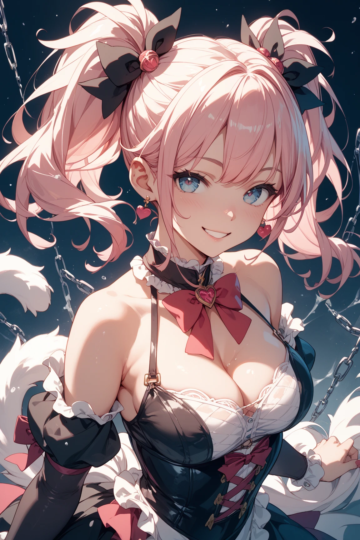 (masterpiece),(best quality),(ultra-detailed),(best illustration),(best shadow),(absurdres),(detailed background),(very aesthetic), 1girl, solo, blue-eyes, ((long-hair)), braid, boots, pink-hair, breasts, twin-braids, smile, open-mouth, cleavage, choker, large-breasts, full-body, bare-shoulders, looking-at-viewer, simple-background, hairband, blush, armor, gloves, dress, knee-boots, standing
