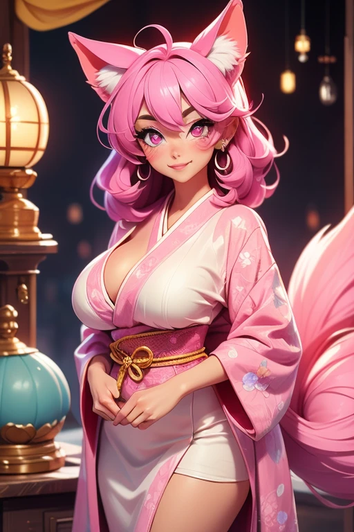 (masterpiece:1.2),ultra-detailed,hazy lighting, vibrant colors, glowing eyes, female kitsune with fluffy fox ears, has multiple fox tails, has flowing pink hair with blue highlights, wearing a black and pink sakura themed chinese dress, surrounded by cherry blossom petals, feint aura, off kilter pov, has bright yellow eyes. deep v neck, showing cleavage, posing comfortably, solo, alone, action pose (SOLO)(ALONE) has blue hair, wearing light makeup, wearing lipstick