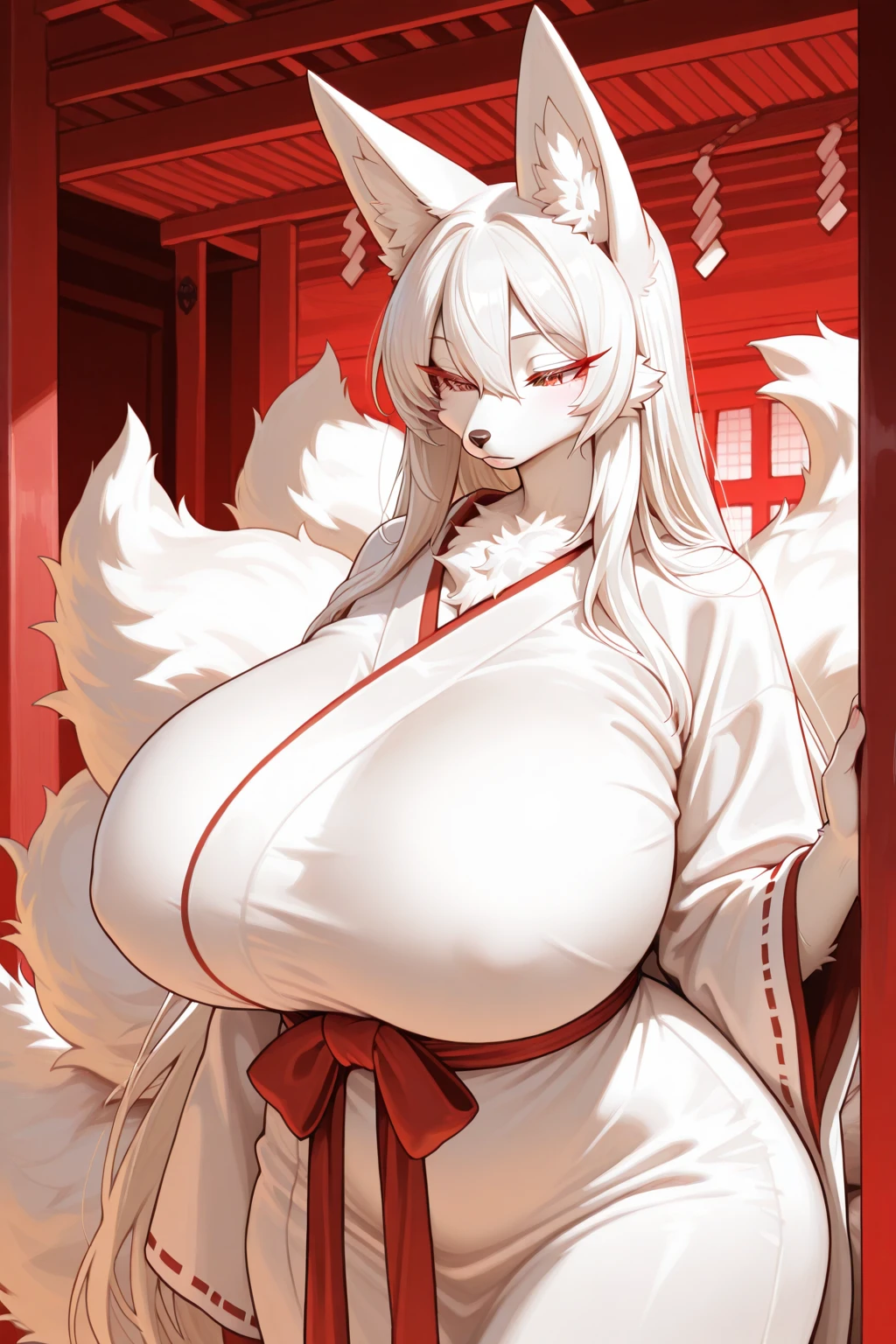 ((extremely detailed)), (((high resolution illustration))), (((masterpiece))), ((best quality)), high detail, cinematic lighting, Volumetric Lighting, Best Shadows, Shallow Depth of Field, Portrait Of Stunningly Beautiful Girl, Delicate Beautiful Attractive Face, (Highest Quality), Amazing Details:1.25), Brilliant Colorful Paintings, thick thighs, shiny skin, fur, looking at viewer, (mature female), milf, medium hair, red eyes, (furry:1.5), (anthro:1.2), (wolf, wolf ears, wolf tail, wolf snout), thong, cameltoe, Japanese school, Japanese school hall, eyeliner, two colored body, black hair, arms to the sides, thigh highs, ((black and white hair)), (((standing))), bra, gigantic breasts