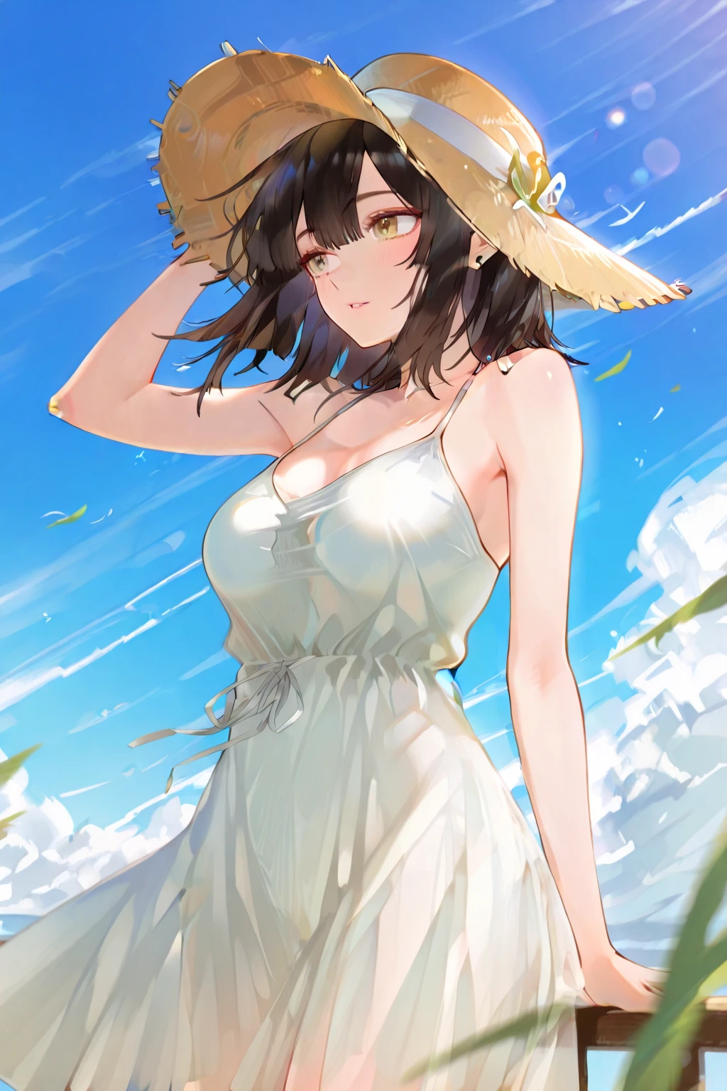 straw hat, brown-haired, white sundress, look through, Areola and nipple, pubic hair, Lush landscapes, The wind blows through, Strong sunlight, Clear contrast, masterpiece, top quality, top quality