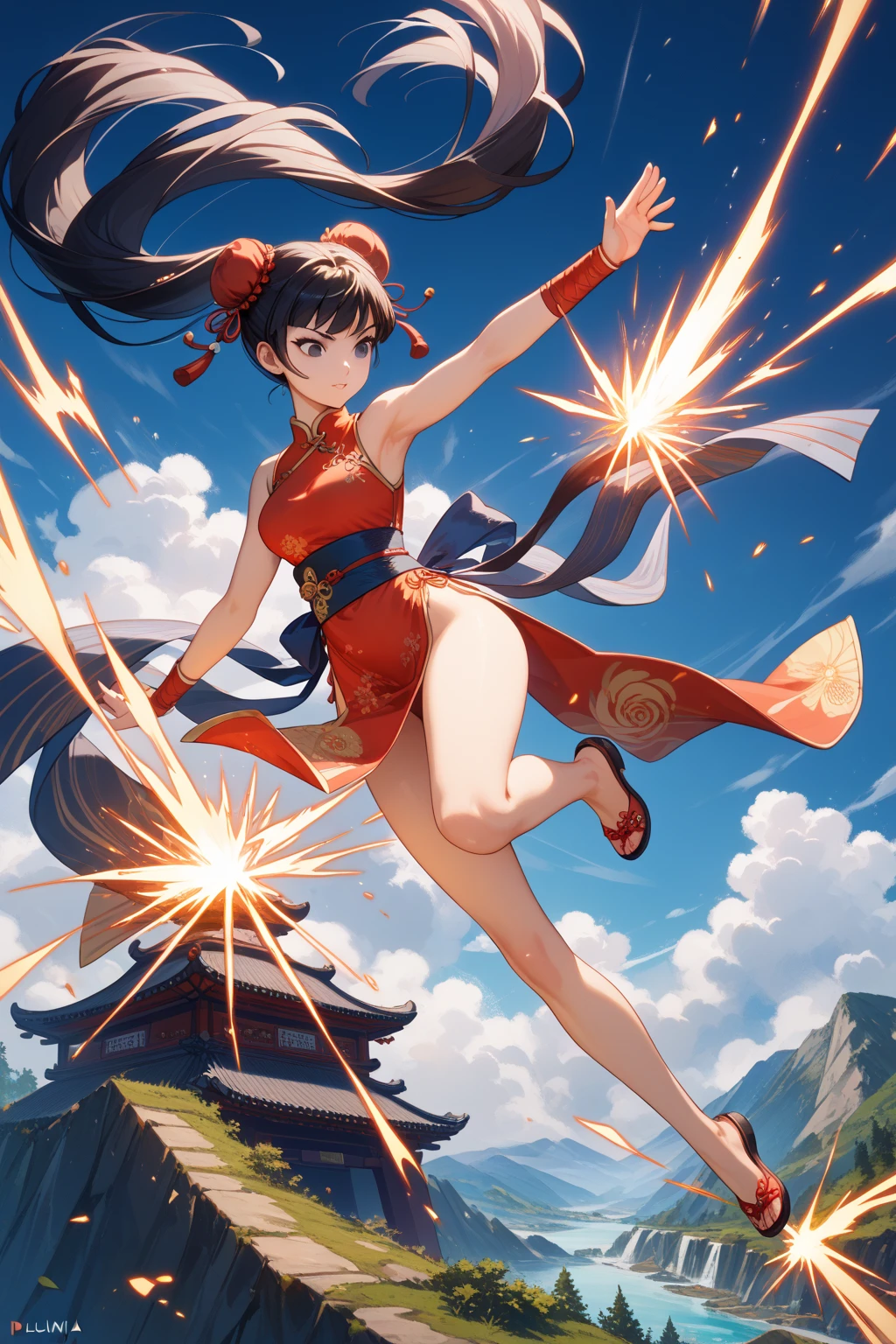 An ancient Chinese girl kicking her legs and feet raised high