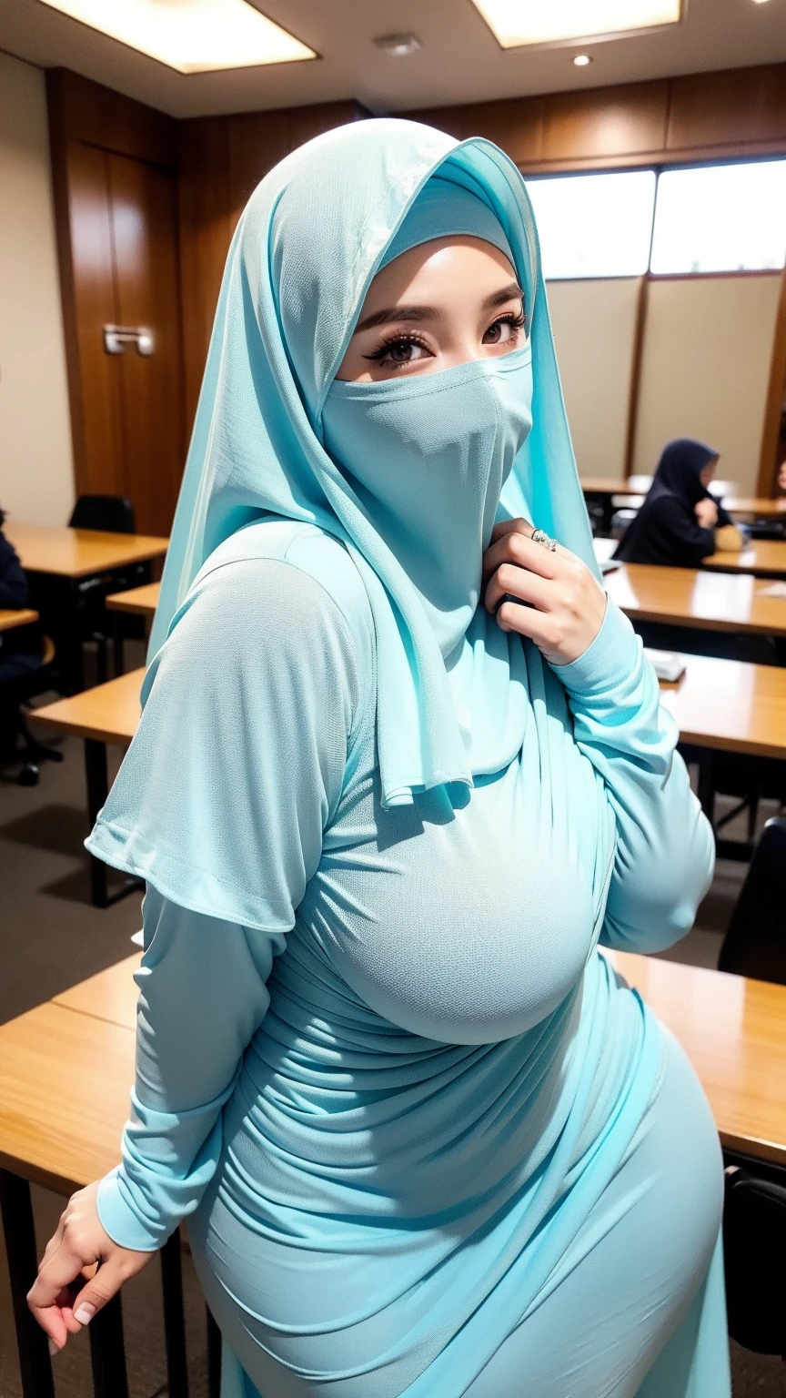 Beautiful hijab girl, wearing , (((covering mouth, long veil))), ((fully naked))、large open neckline, Slim Face、2Face、15 years old, stil young, Pretty Lady, smile eyes, classroom, sexy pose (big breast uncovered) , spread legs showing vagina, showing pussy, perfect vagina, see full image