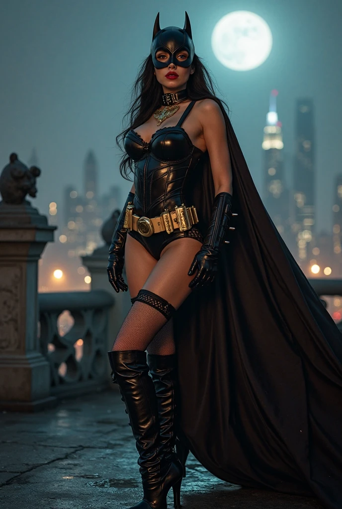 nsfw:1.5、((Cowboy Shot))、Mature Woman、(masterpiece, Highest quality), Intricate details, 8K, 1 Girl, Long Hair, Bowl Cut Hair,((blunt bangs))、 Black Hair,((Batman suit with intricate and detailed design)),Skyscraper, city, building,street,((Delicate painting))，(Detailed RAW photos of girls), (Pieces fly:1.25), (Highest quality:1.6), (Ultra-high resolution:1.5), (Photorealistic:1.75), 8K resolution, Canon EOS R5, 50mm, Confused, Very detailed,Cinema Lighting、(((Super big breasts)))、Leg spread、The abdomen is visible、((Separate suits))、Ultra-detailed and intricately decorated Batman knee-high socks、Sexy pose、Batman bikini with delicate and detailed embellishment、(((Ripped and tattered suit:1.1)))
