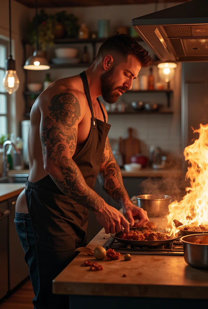 Tall, A handsome, muscular man stands in the kitchen., Wear only an apron, totally naked, Revealing his bare buttocks, Hold the pan and skillfully stir-fry the ingredients.. sudden, Dancing flames rise from the pan, 32K, best quality, Masterpiece, Superb details, Highly detailed,