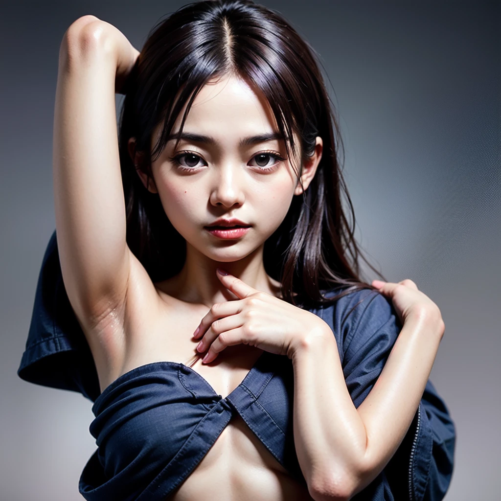 (masterpiece, highest quality:1.4), award-winning portraits, 8K, 85mm, alone, beautiful face, delicate girl, violaces, gardenia, grace, Sophisticated, cute, teen, looking at the viewer, 15 years old, Raw photo, disorganized, HDR, sharp focus, background bokeh、(((flat 、thin and delicate body、A childish atmosphere、basement)))、Her shiny semi-long hair is tied up、swaying hair、Mole on the left cheek、large, round, dark blue eyes、full body、random pose、Junior idol、Nogizaka Idol、mole under eye、sexy、naked