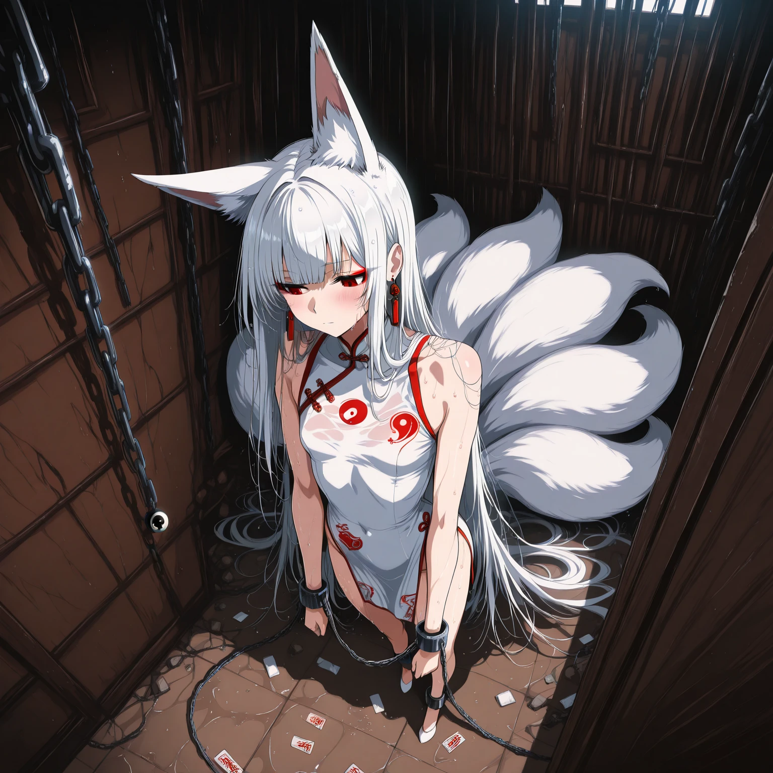 (Blue Eyes:1.3),beautiful eyes,{best quality}, {very aesthetic}, {ultra-detailed}, {best illustration}, {{2boy:1.8}}, beautiful eyes,bl, Boys love,Anal Sex,((White fox ears:1.7)),open mouth,((otoko no ko)),(white very long hair:1.8),nsfw,anal sex,(Perfect Nude:1.8),(pale skin:1.4),(shota:2),(otoko no ko:2),teen ager, cum in ass,(bukkake:1.4),Medically correct human body,Transparency,Low Saturation,,2d,Anime Face,(No tear bags),(bangs between eyes:1.5),((flat chest:1.4)),Steamy skin,skiny boy,勃起したpenis,(bukkake:1.8),(excited),(spoken heart),(Being watched by the crowd:1.8),ass focus,((penis,testis, perineum:1.5)),(Proud expression:1.7),(男のpenisをアナルに挿入されている白髪の少年:1.5),(spread legs:1.5),(pov hands legs grab:1.8),(Fold your legs up to the side of your head:1.5),(Spreading anus:1.4),(Perfect white hair:1.8),(handcuffs,restrained by chains:1.8),(full nelson:1.5),(City streets)