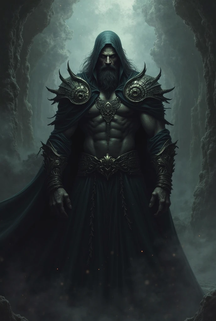 (Perfectly Detailed Eye Rendering), Create an image that depicts Hades, inspired by the book descriptions of the Hades and Persephone saga, written by Scarlett St. Clair. Hades is described as an imposing and seductive Greek god with a dark and powerful aura. He possesses a tall stature and a sculpted body, emanating strength and authority. Her black hair is long and dense, falling in seductive waves over her broad shoulders. His deep eyes are the most intense blue color, conveying a magnetic mystery. He has majestic black horns that curve elegantly around his head, further underscoring his divine nature. The expression on his face reflects a piercing gaze, full of power and knowledge of the dark world he rules. (His skin is pale as the silvery light of the moon:1.2), contrasting with the gloomy scenery around him. In addition, Hades is depicted wearing elegant and majestic costumes, which perfectly match his imposing presence. Their appearance is a balance between beauty and power, attracting both admiration and awe. When creating the image of Hades, be sure to capture his dominant presence, the intensity of his gaze, and the combination of his dark and seductive features. The image should convey the strength and mystery that surrounds it, bringing to life this fascinating Greek god of the underground.
