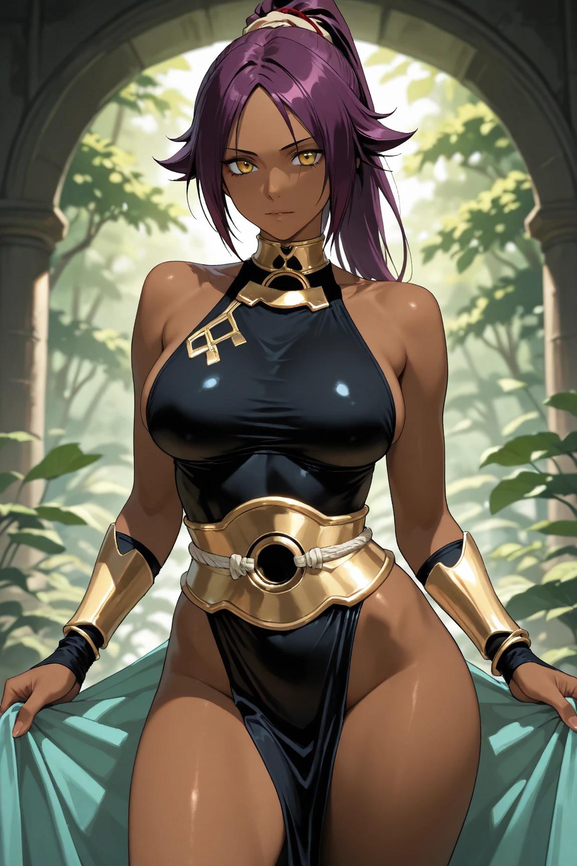woman warrior in her early twenties, short hair, dark purple hair, yellow eyes, lips, tan skin, sweaty skin, bare shoulders, sleeveless, standing, upper body, hips, aesthetic body, toned abs, skin tight, (insanely detailed, beautiful detailed face, masterpiece, best quality)