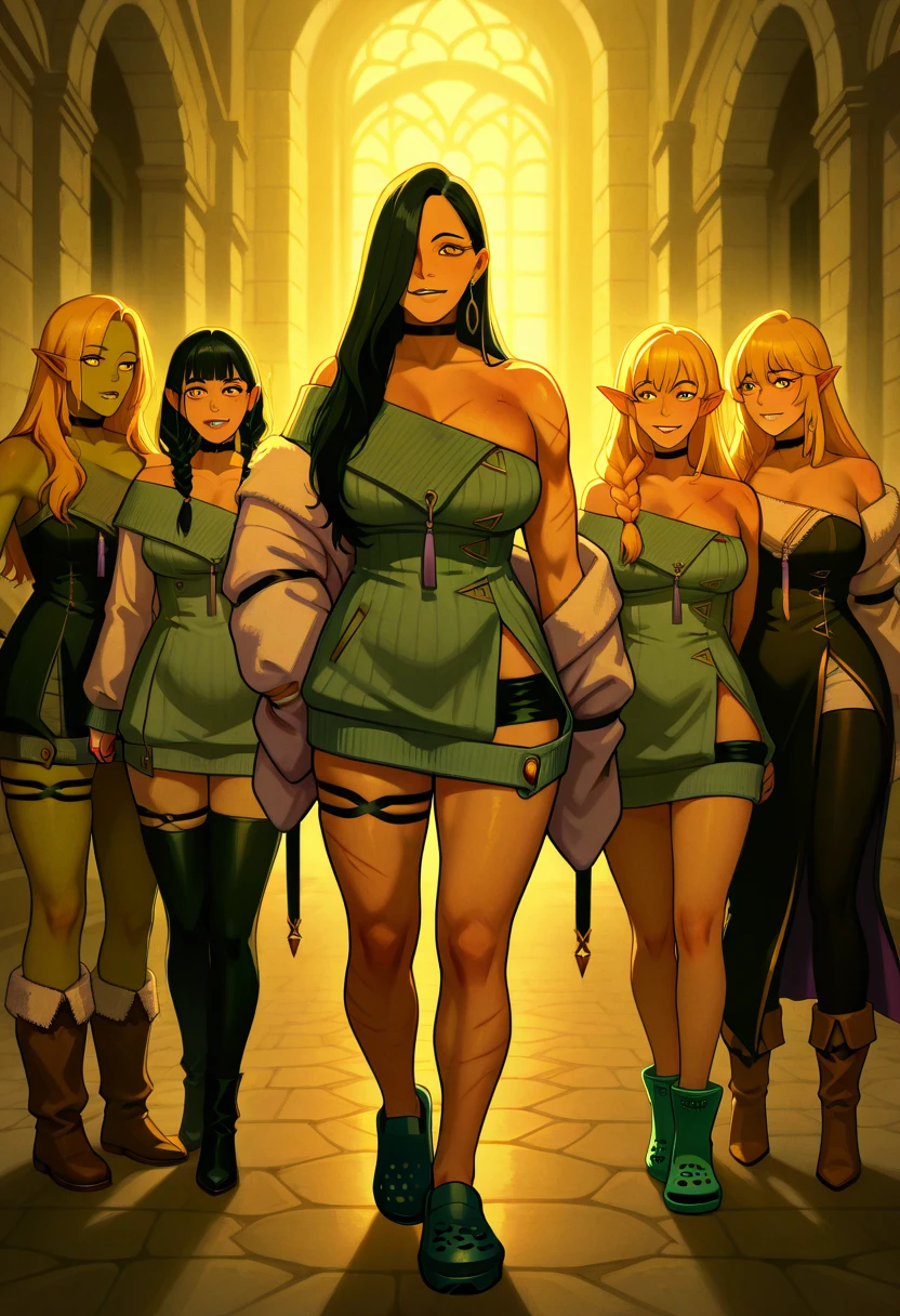 3 gorgeus girls, olhos verdes profundos amendoados, Muscular arms, Ultra HD, retina, obra de arte, Anatomicamente Correto, pele texturizada, detalhes altos, premiado, Melhor qualidade, 8k, alto,( holster, gun holster, bondage gear, armwear, legwear, Choker, black gloves, elbow sleeves, yellow headband, pantyhose, harness, belt with pounches,), shirtless, bottomless, shaved pussy, large perfect breasts, wide hips, thick thighs, naked, clothless,