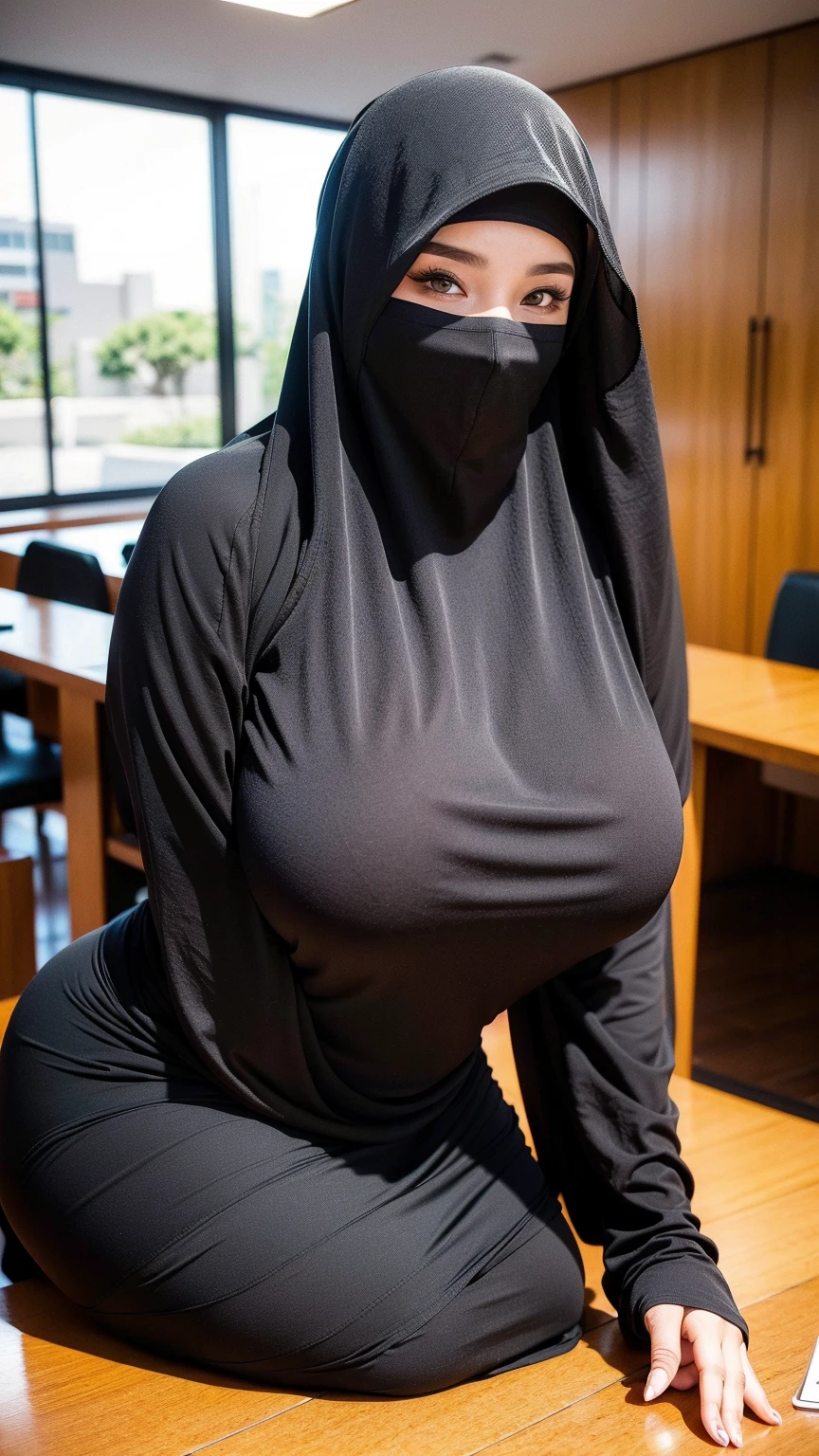 A beautiful Asian girl in a long hijab with tight and clearly visible breasts, In tight black clothes, He was hugging himself sideways, and good quality images