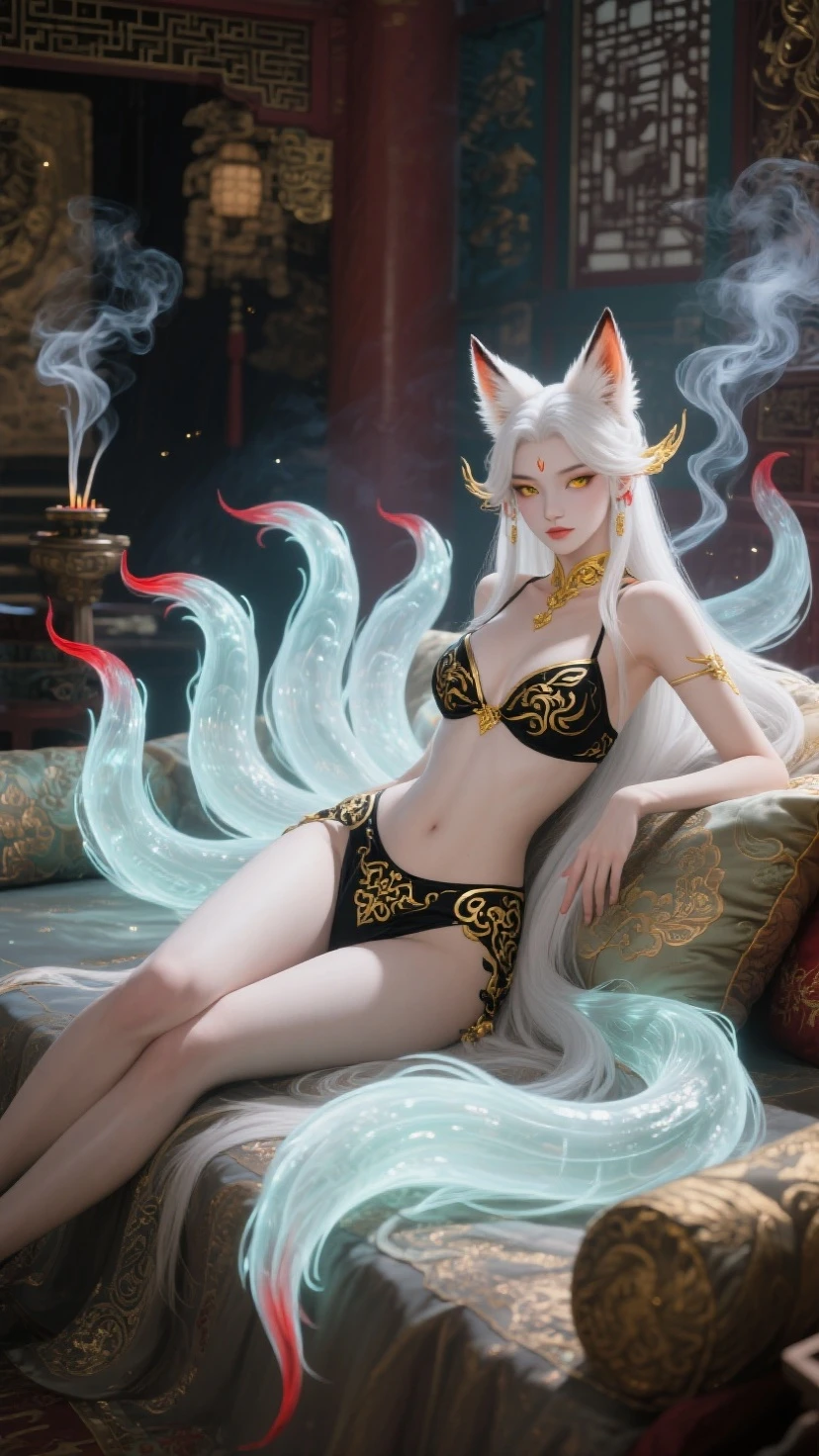 Korean, masterpiece, best quality, high quality, extremely detailed CG unity 8k wallpaper, (realistic, Photo real: 1.3), (RAW photo: 1.2), Woman body set medium breasts, exposed breasts, full and natural breasts, crisp breasts, tender white complexion, straight buttocks, (transparent tong), surreal, 8K, original photo, film grain, super high resolution, super detail, tall, very clear face, slender long legs, a pair of snow-white slender beautiful legs, like ivory carved jade legs, perfect proportion and length, stunning face, melon seed face, qiong nose cherry lips, eyebrows picturesque, amorous, charming, slender and slender waist, close-up of a woman in gold and white clothing, super detailed rendering, 3 D rendering character art 8 K, complex white and gold armor, full samurai armor fox, high detail iconic character, 8K rendering, octane rendering, octane rendering, super detail octane rendering, super detailed octane rendering, super detailed 3 d rendering, futuristic style fox demon --auto --s2