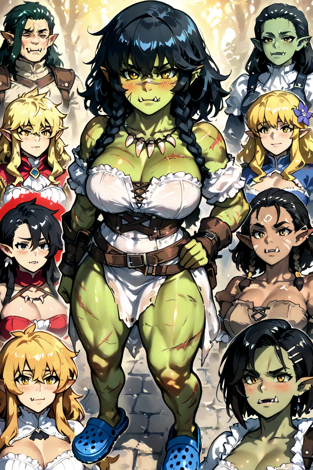 masterpiece, goblinriding, a goblin is riding a girl, goblin, mutiple goblins, goblins, (all fours), 1girl, (dress:1.1), (nose hook), reins, collar, chain, rope, obey, happy trance, smile, hair ornaments, large breast, huge breast, expressionless, emotionless, blank eyes, empty eyes, mind control, NIPPLE_PIERCING_JEWEL, HISUI, HISUIEFIORE, LONG HAIR, (GREEN EYES:1.5), GREEN HAIR, HAIR BETWEEN EYES, castle background, goblin gangbang