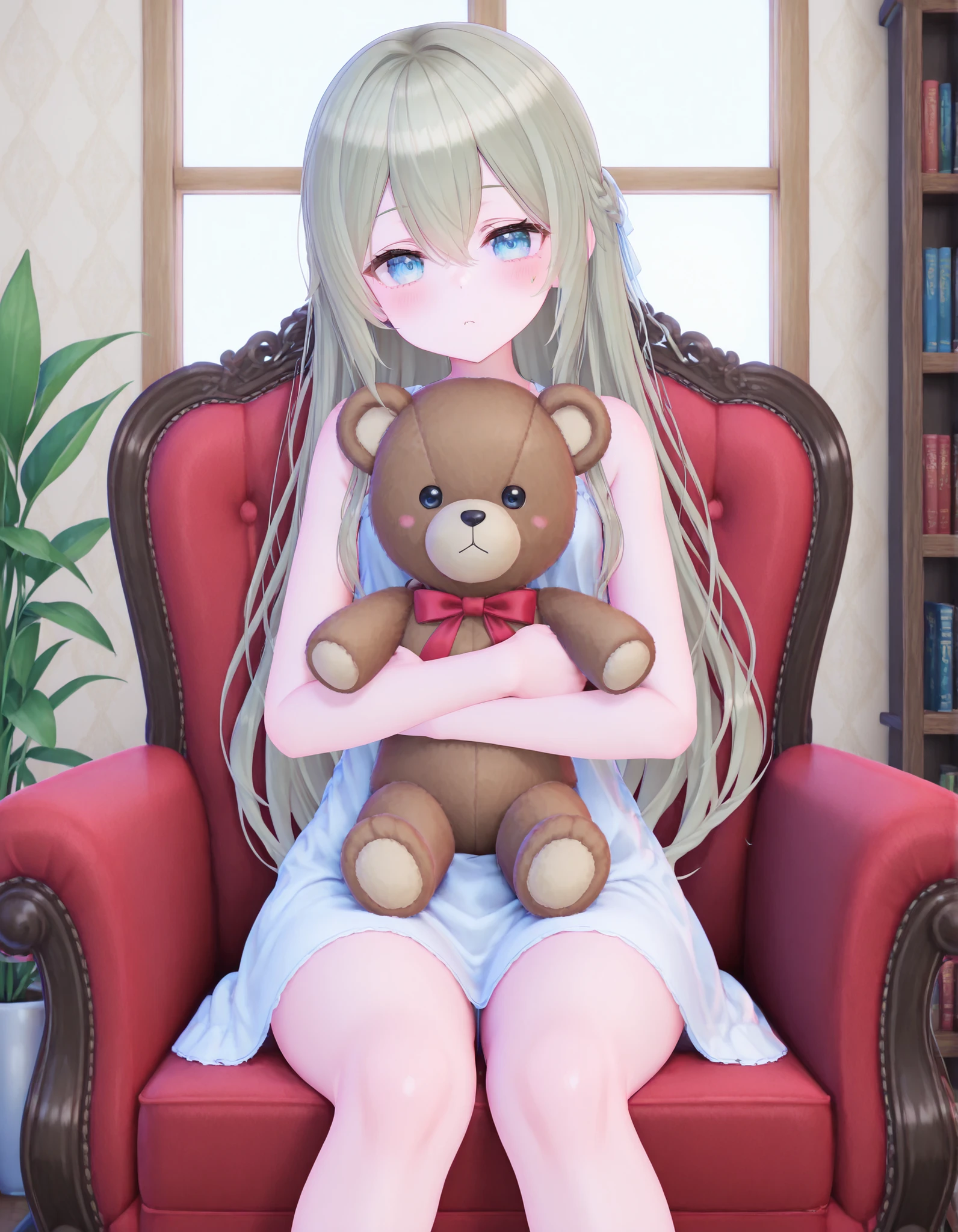 MMD,3D,, A soft, natural light portrait photograph of Lily, a young girl with rosy cheeks and bright, curious eyes, holding a well-loved teddy bear. She sits comfortably in a vintage armchair, a gentle smile gracing her lips as she gazes directly towards the viewer, exuding warmth and innocence. Sunlight streams through a nearby window, illuminating dust motes dancing in the air and casting a soft glow on her hair and the plush teddy bear. The background is softly blurred, revealing a cozy living room with a patterned wallpaper and a bookshelf filled with colorful books, suggesting a comforting and familiar home environment