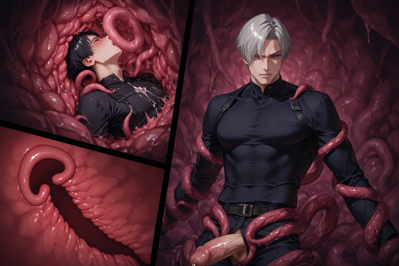 Focus male, monster swallowing, homo, gay, male to male interaction, cross section, tongue licking, orgasm face, forced blowjob, penis, muscle tentacles, four sided tentacles, penis, rape, 27 year old male, short black hair, severely torn He wears a suit, a white shirt and a black tie, semen gushes out of his anus, and a tentacle is inserted into his anus. A large amount of cloudy liquid poured down on his body, and he was restrained by countless tentacles surrounding him.